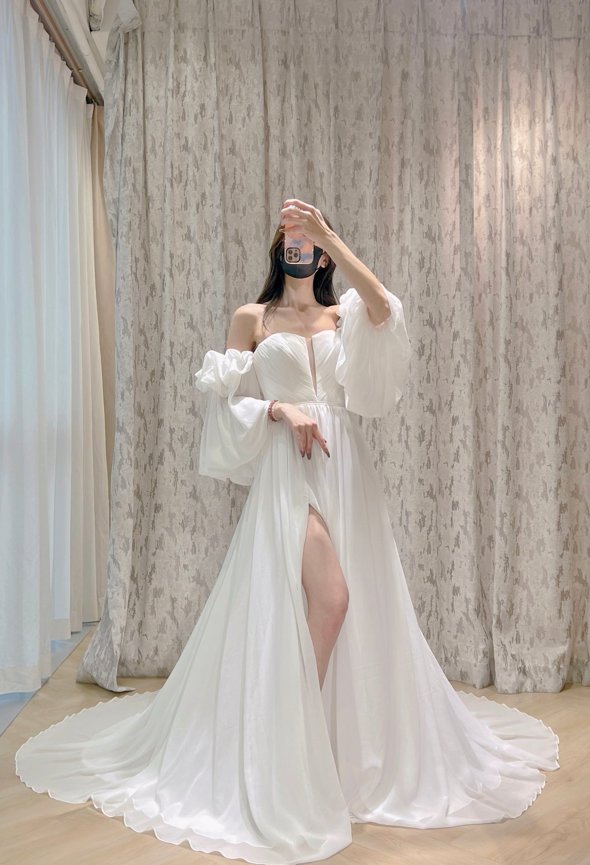 Off-the-Shoulder Chiffon Wedding Dress with Bishop Sleeves and High Slit