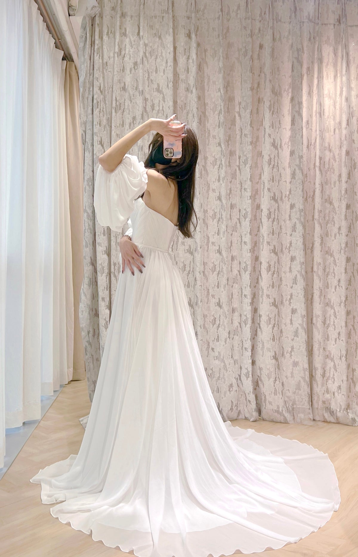Off-the-Shoulder Chiffon Wedding Dress with Bishop Sleeves and High Slit