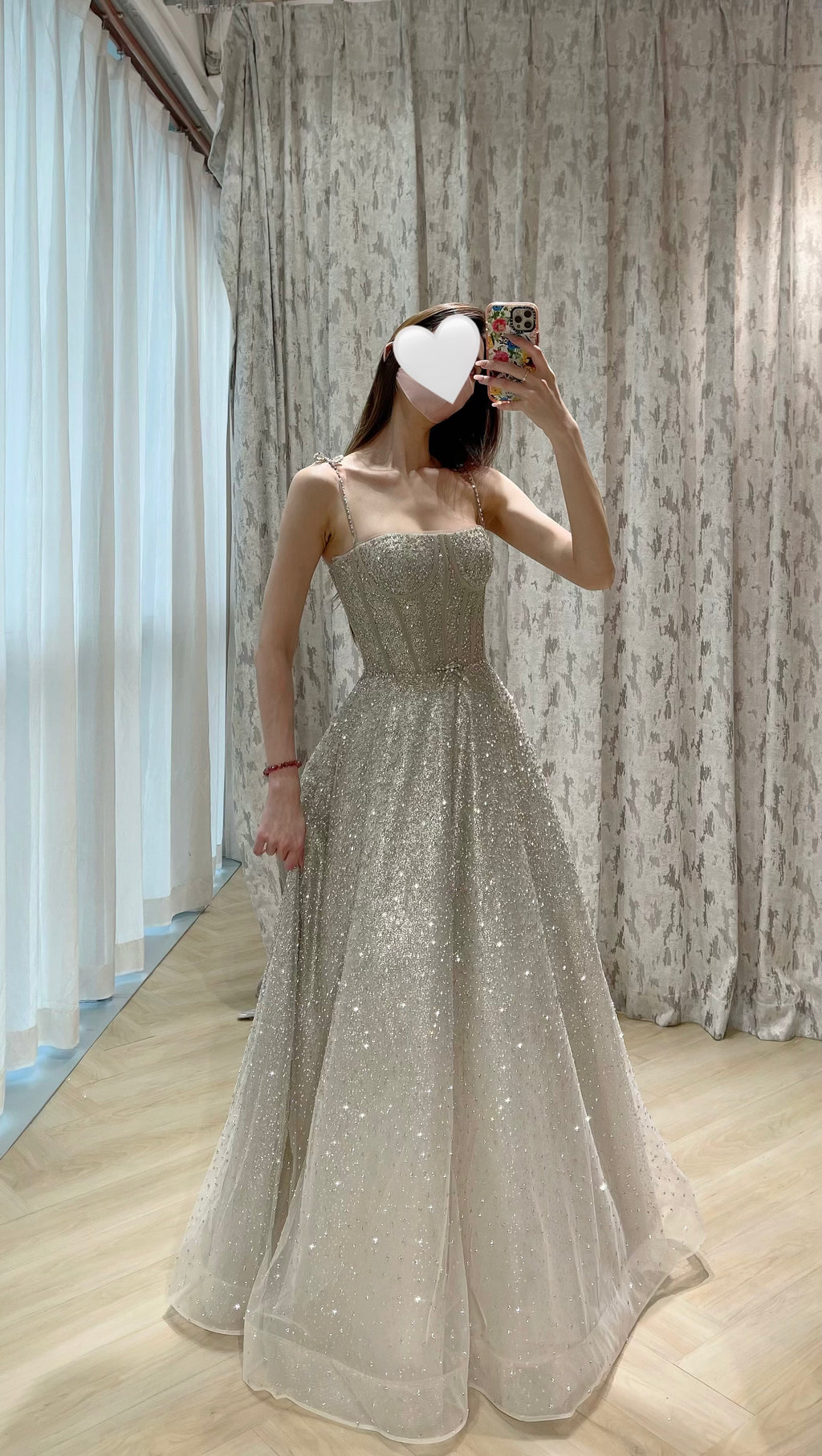 Convertible Glitter Tulle A-Line Evening Dress with Detachable Off-the-Shoulder Sleeves