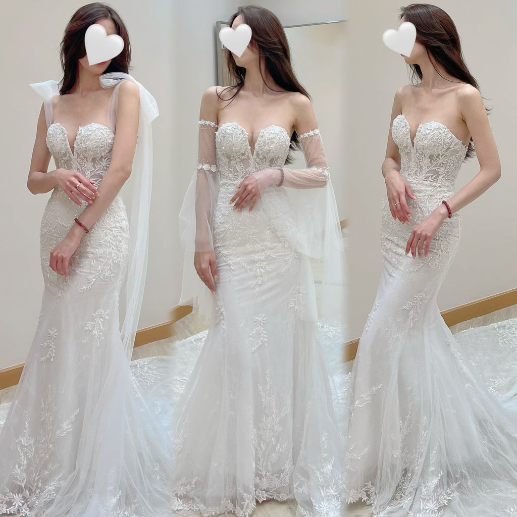 Convertible 3-in-1 Floral Lace Mermaid Wedding Dress with Plunging Sweetheart Neckline and Detachable Sleeves / Straps