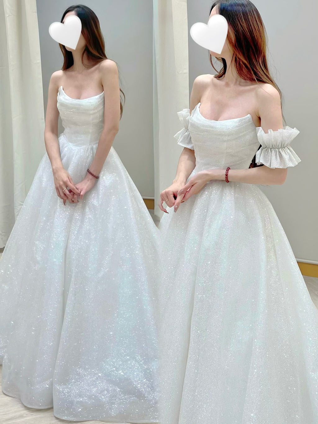 Convertible Sparkly Glitter Tulle Ball Gown Wedding Dress with Draped Bodice and Detachable Ruffle Sleeves