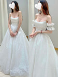 Convertible Sparkly Glitter Tulle Ball Gown Wedding Dress with Draped Bodice and Detachable Ruffle Sleeves