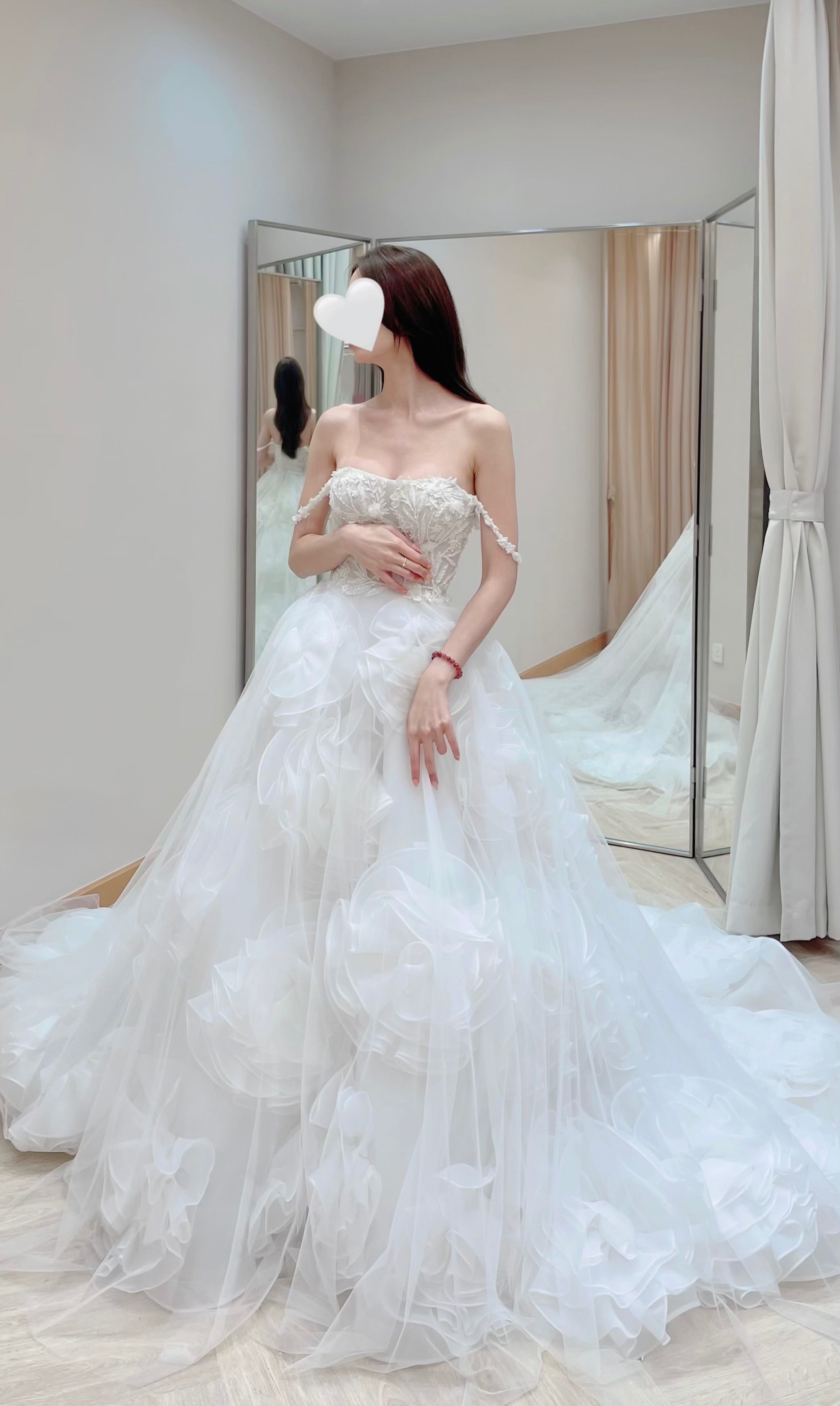 Convertible 3D Floral Ruffle Ball Gown Wedding Dress with Detachable Off-the-Shoulder Straps