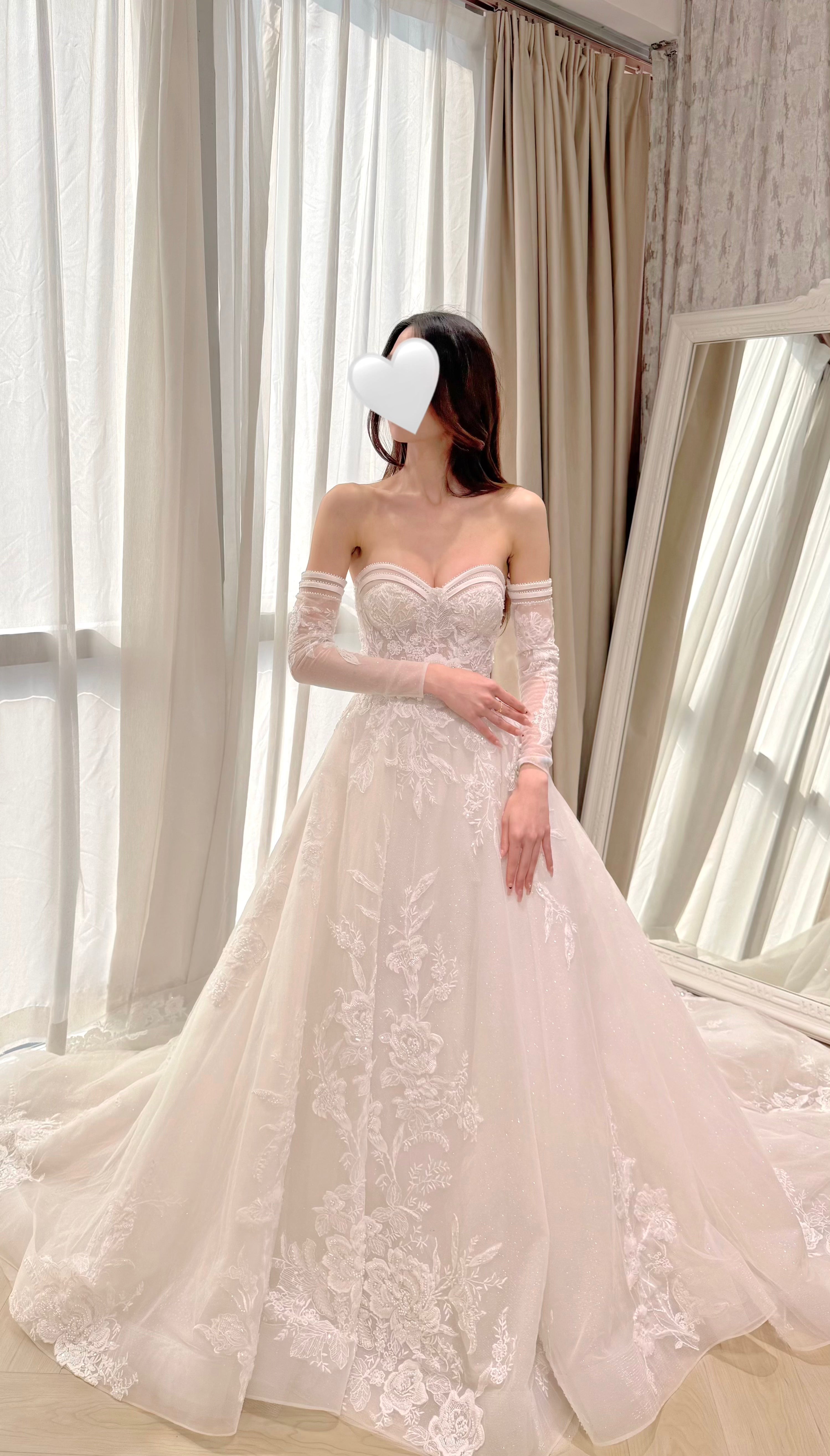 Sweetheart Neckline Embroidered Tulle Bridal Gown with Removable Straps and Long Sleeves