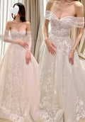 Sweetheart Neckline Embroidered Tulle Bridal Gown with Removable Straps and Long Sleeves