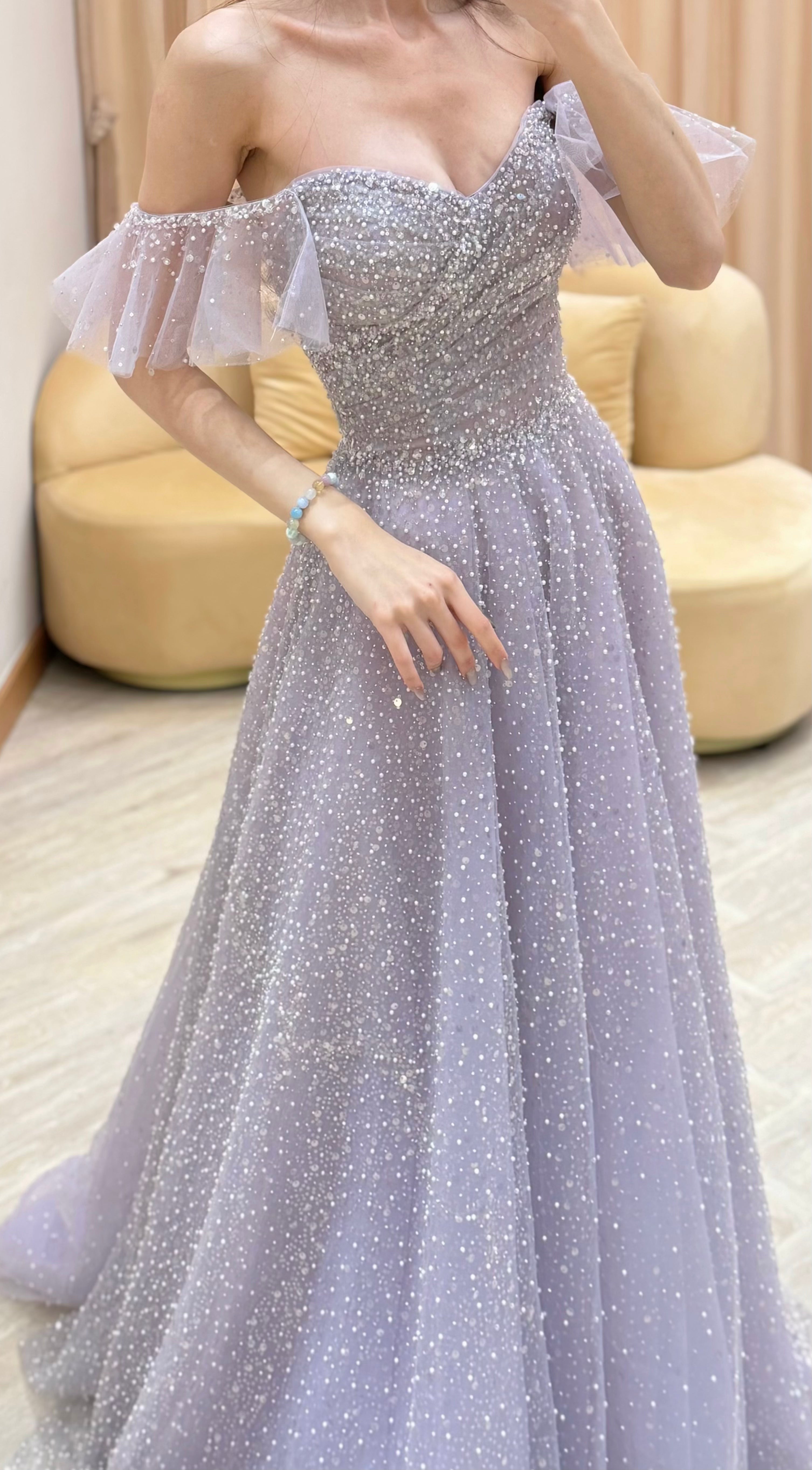 Off-the-Shoulder Glitter Tulle Evening Dress with Ruffled Sleeves
