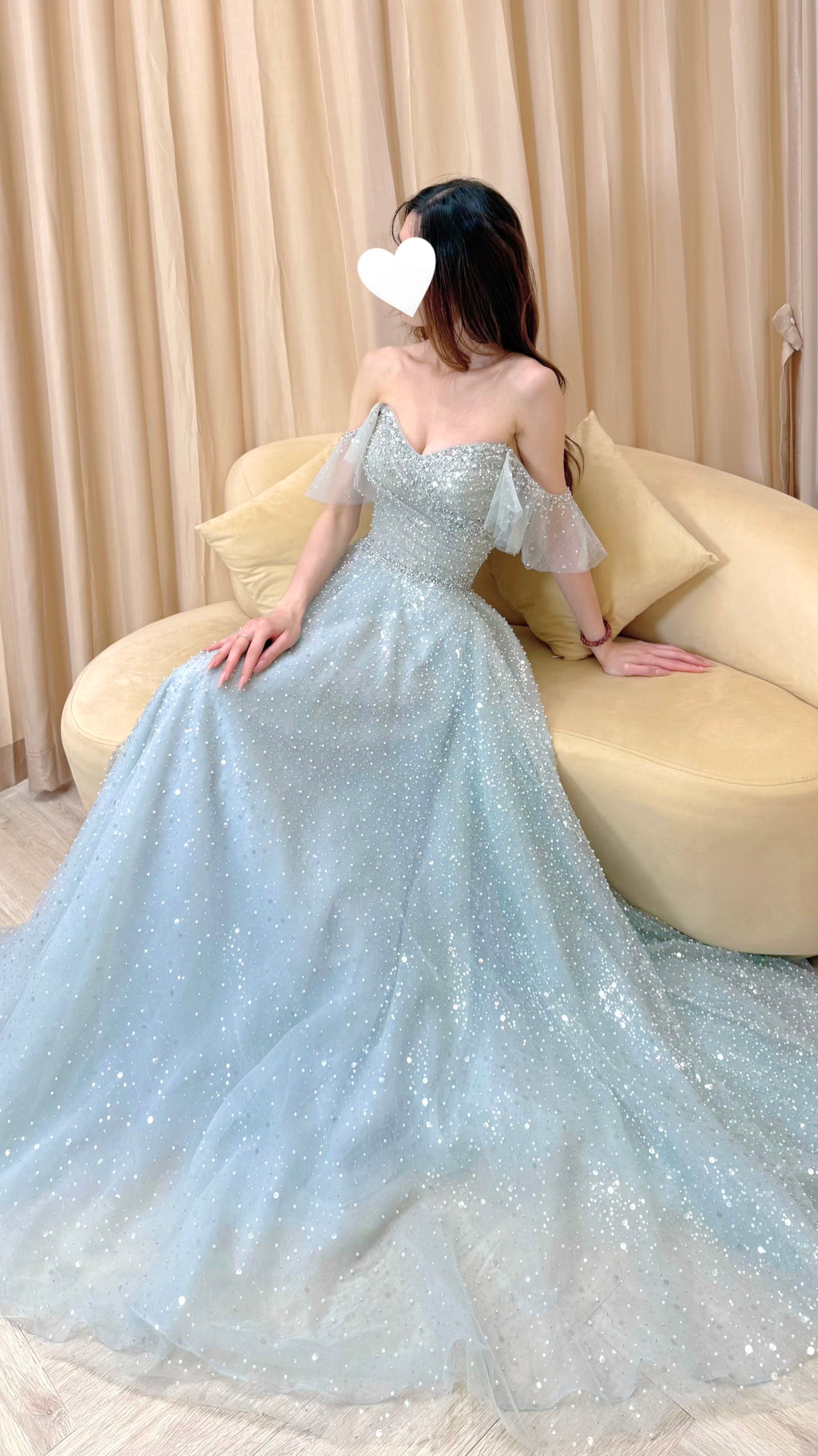 Off-the-Shoulder Glitter Tulle Evening Dress with Ruffled Sleeves