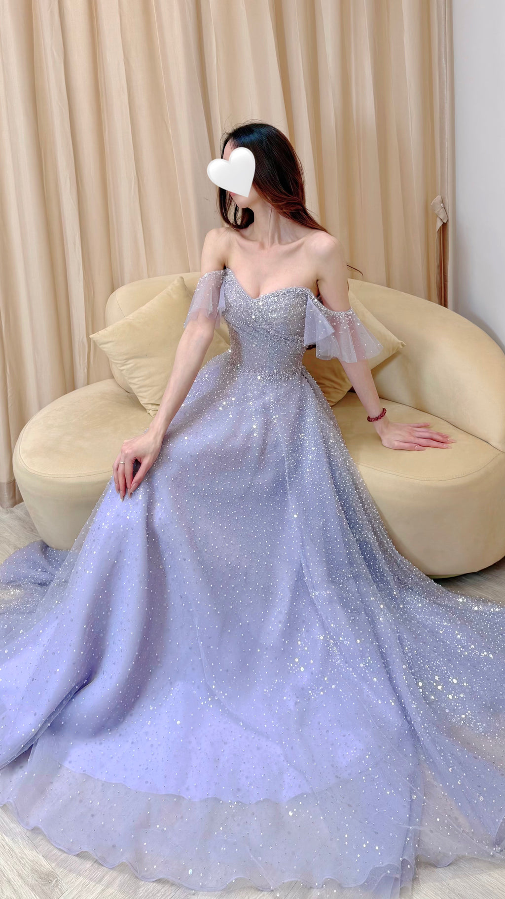 Off-the-Shoulder Glitter Tulle Evening Dress with Ruffled Sleeves