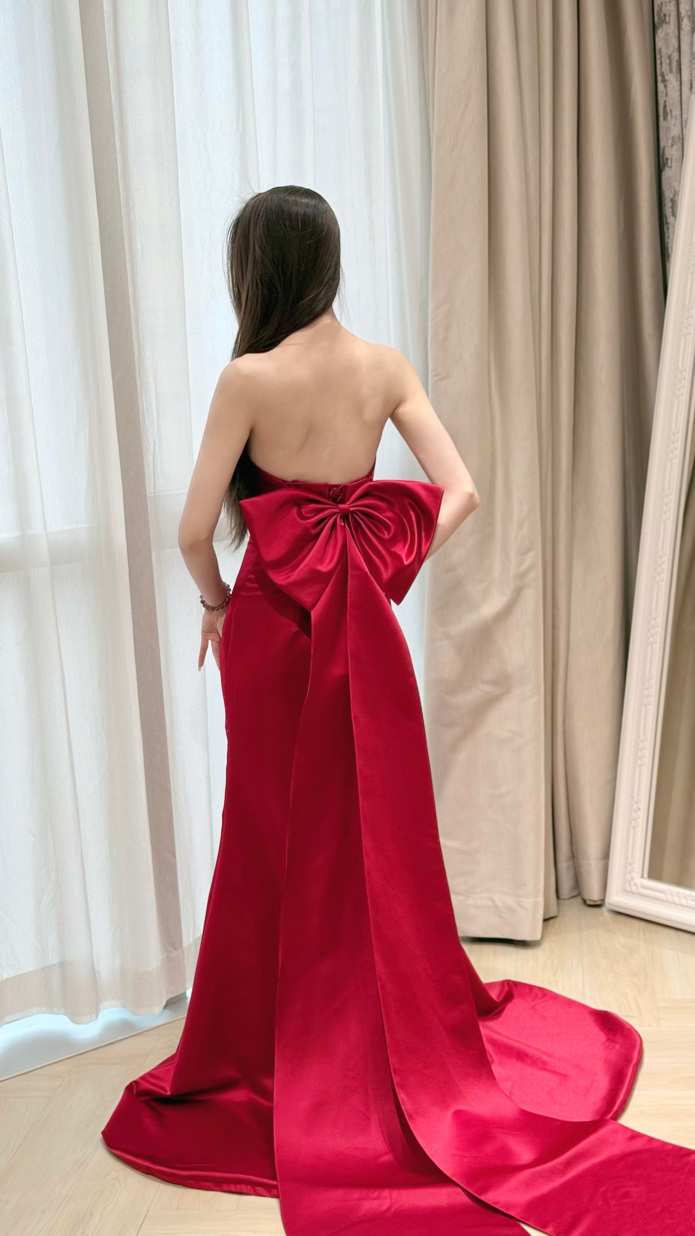 Strapless Red Satin Mermaid Evening Dress with Back Bow