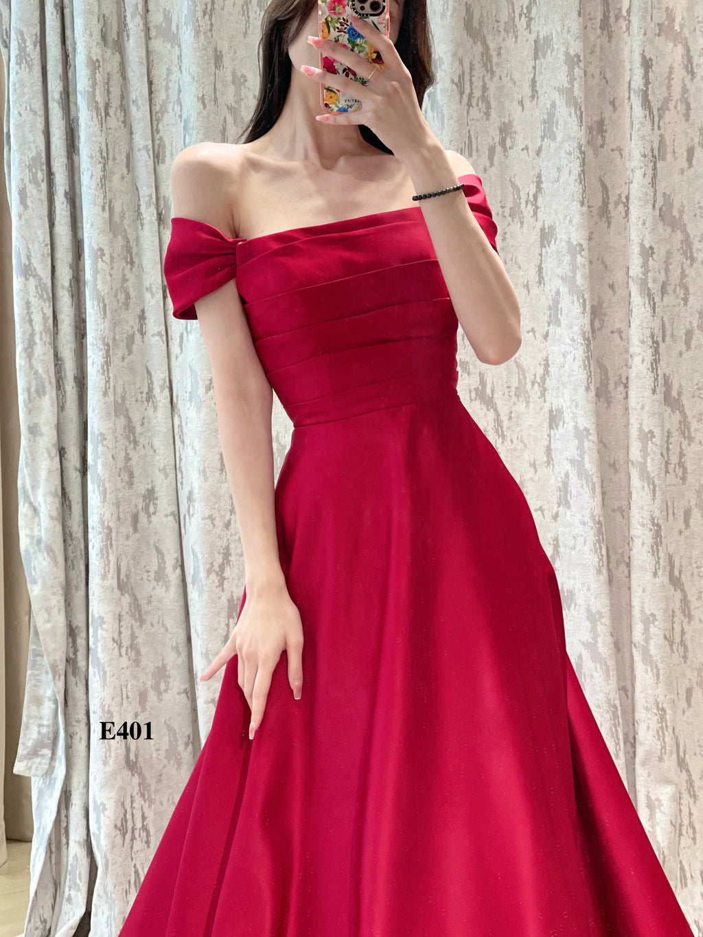 Off-the-Shoulder Red Satin A-Line Evening Dress with Draped Bodice