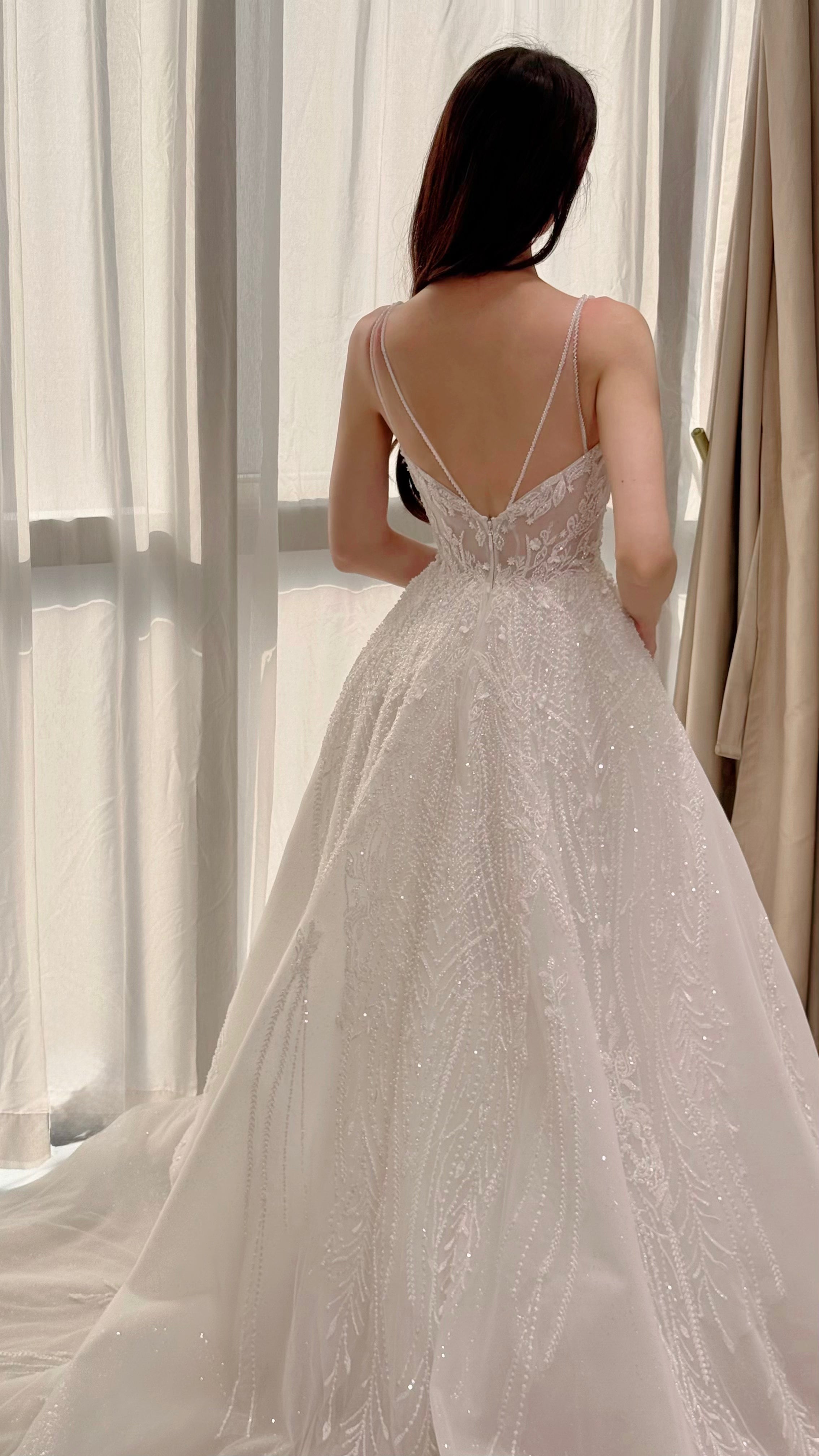 Sparkling Crystal Embroidered Bridal Gown with Low V-Back and Train