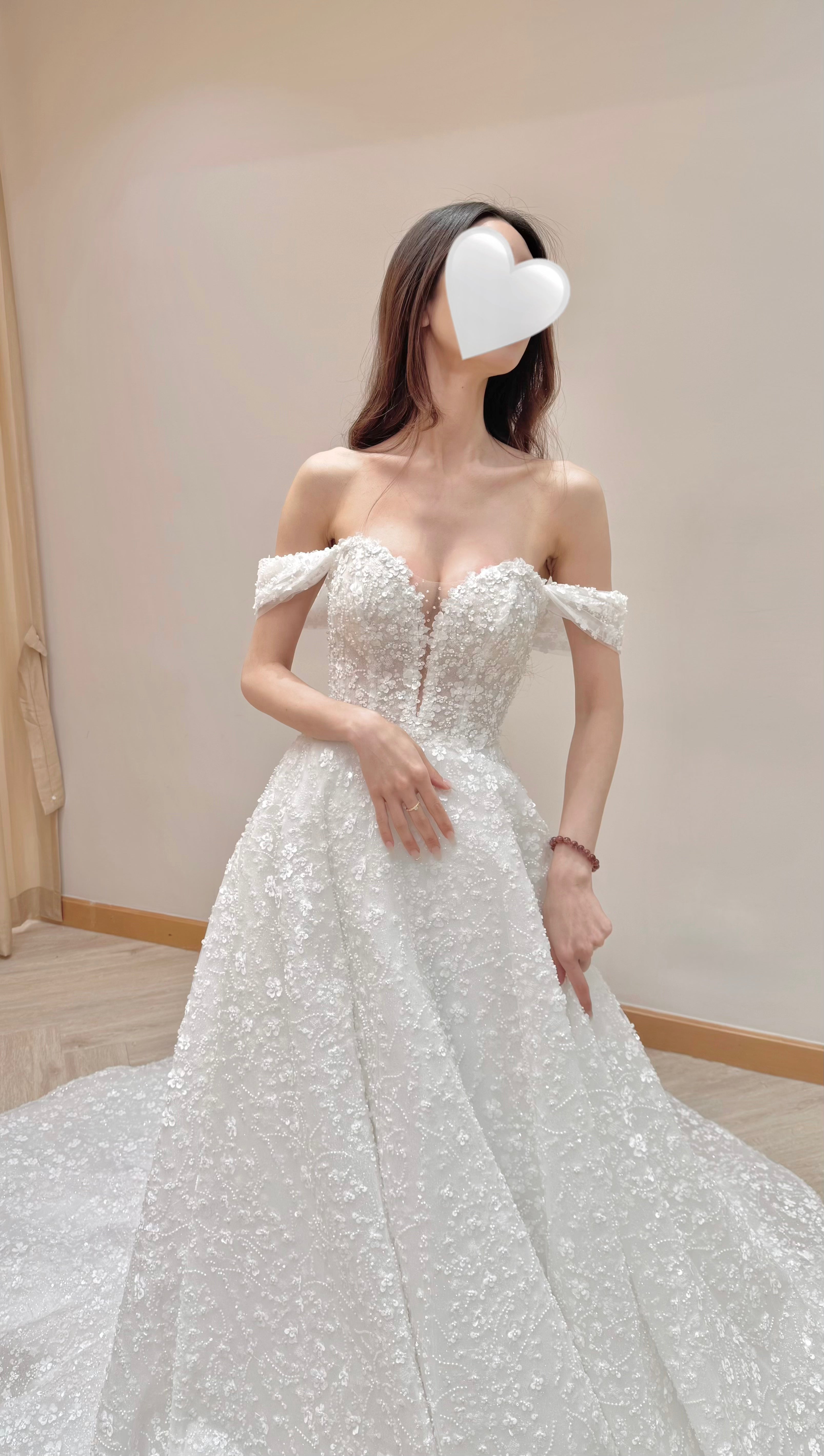 Off-the-Shoulder Beaded Lace Ball Gown Wedding Dress with Detachable Sleeves