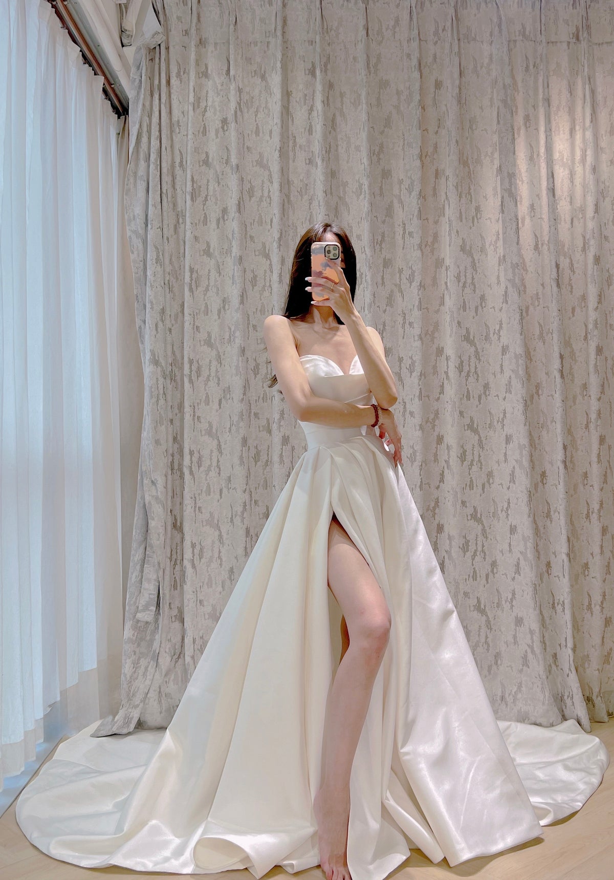 Strapless Ivory Satin A-Line Wedding Dress with High Slit and Draped Bodice