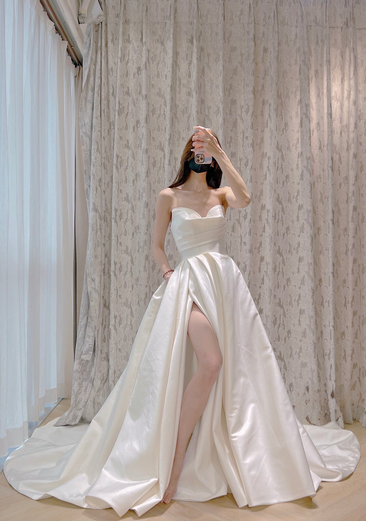 Strapless Ivory Satin A-Line Wedding Dress with High Slit and Draped Bodice