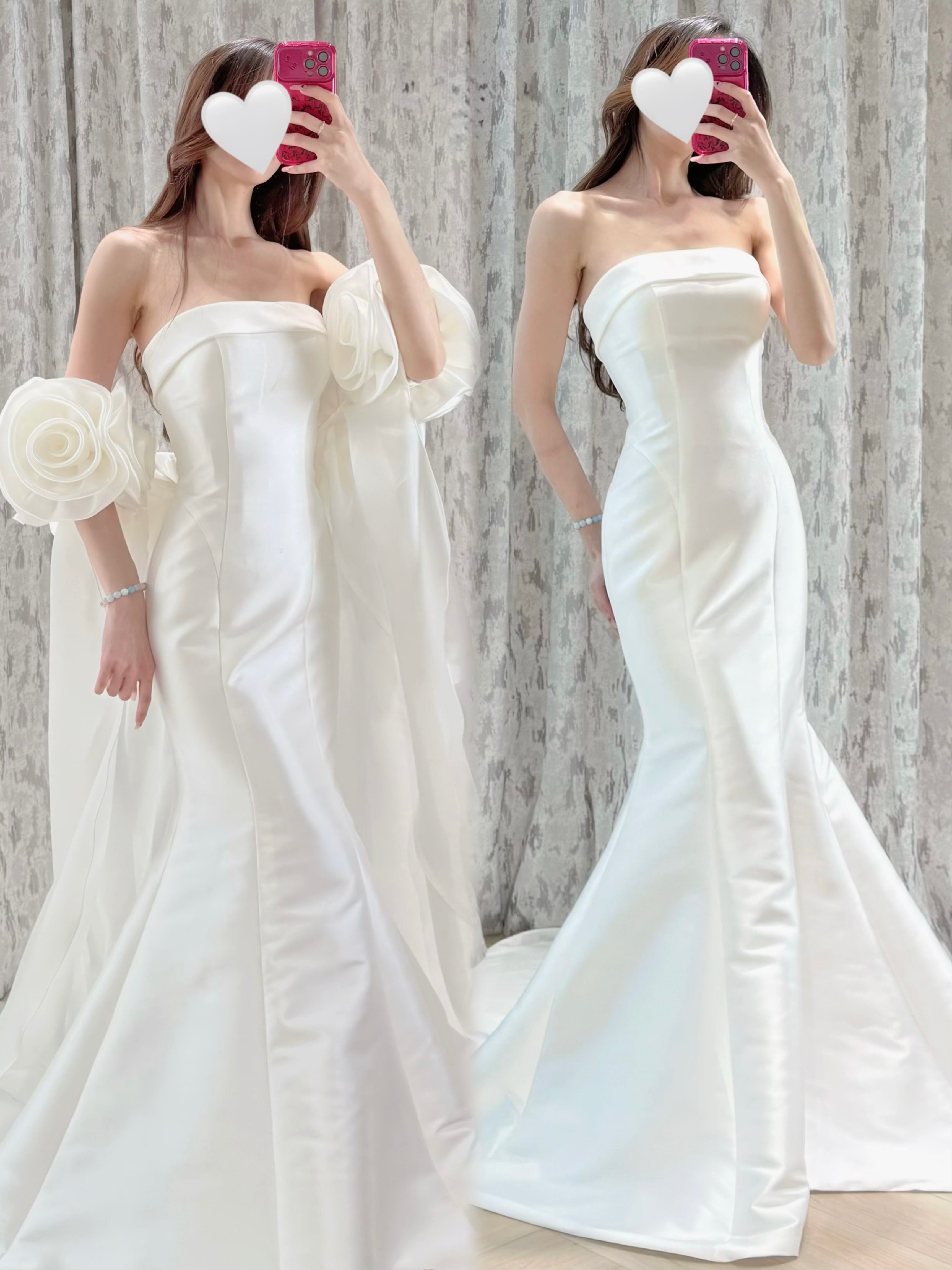 Satin Strapless Mermaid Wedding Dress with Detachable Rose Sleeves and Train