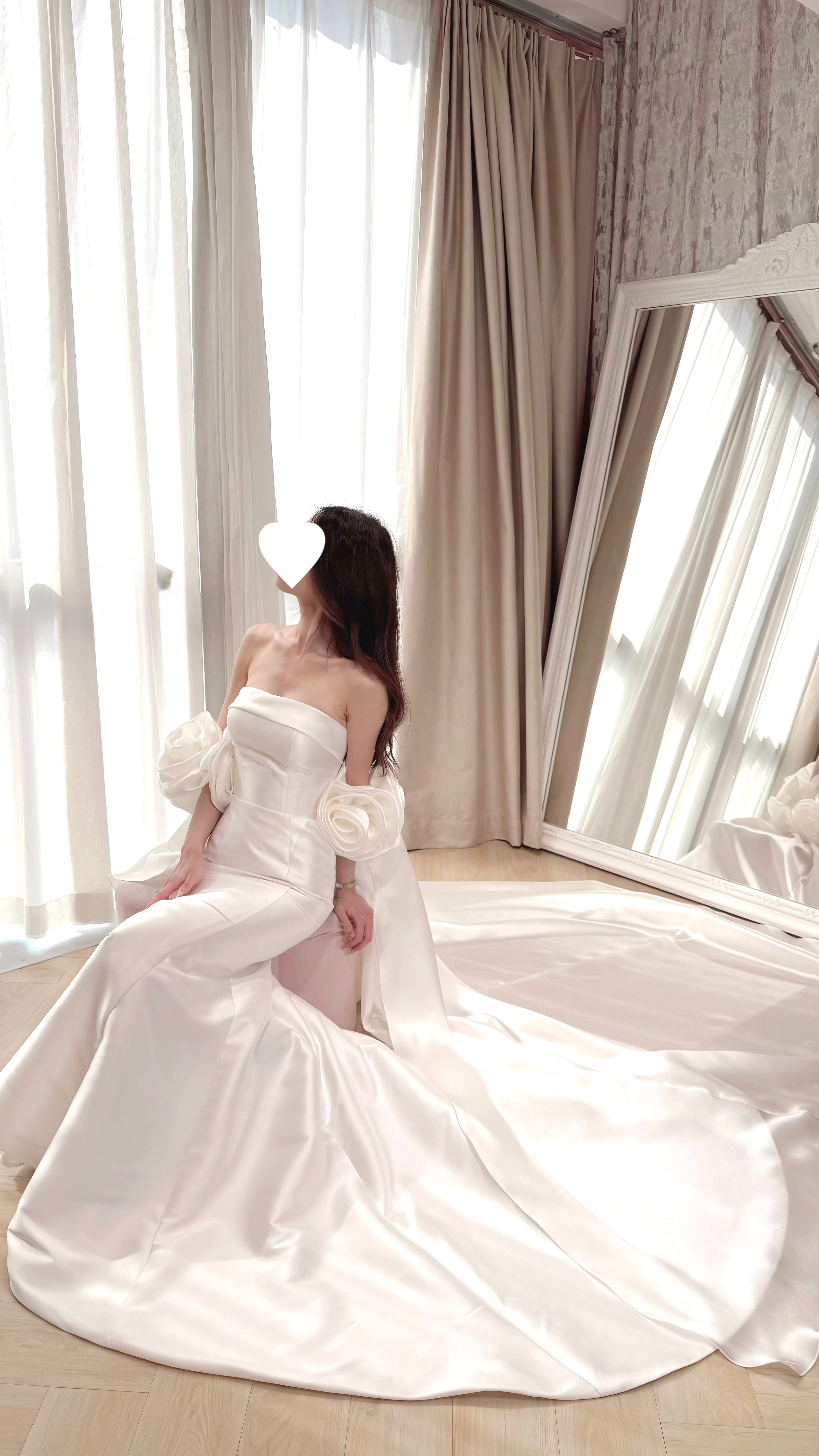 Satin Strapless Mermaid Wedding Dress with Detachable Rose Sleeves and Train