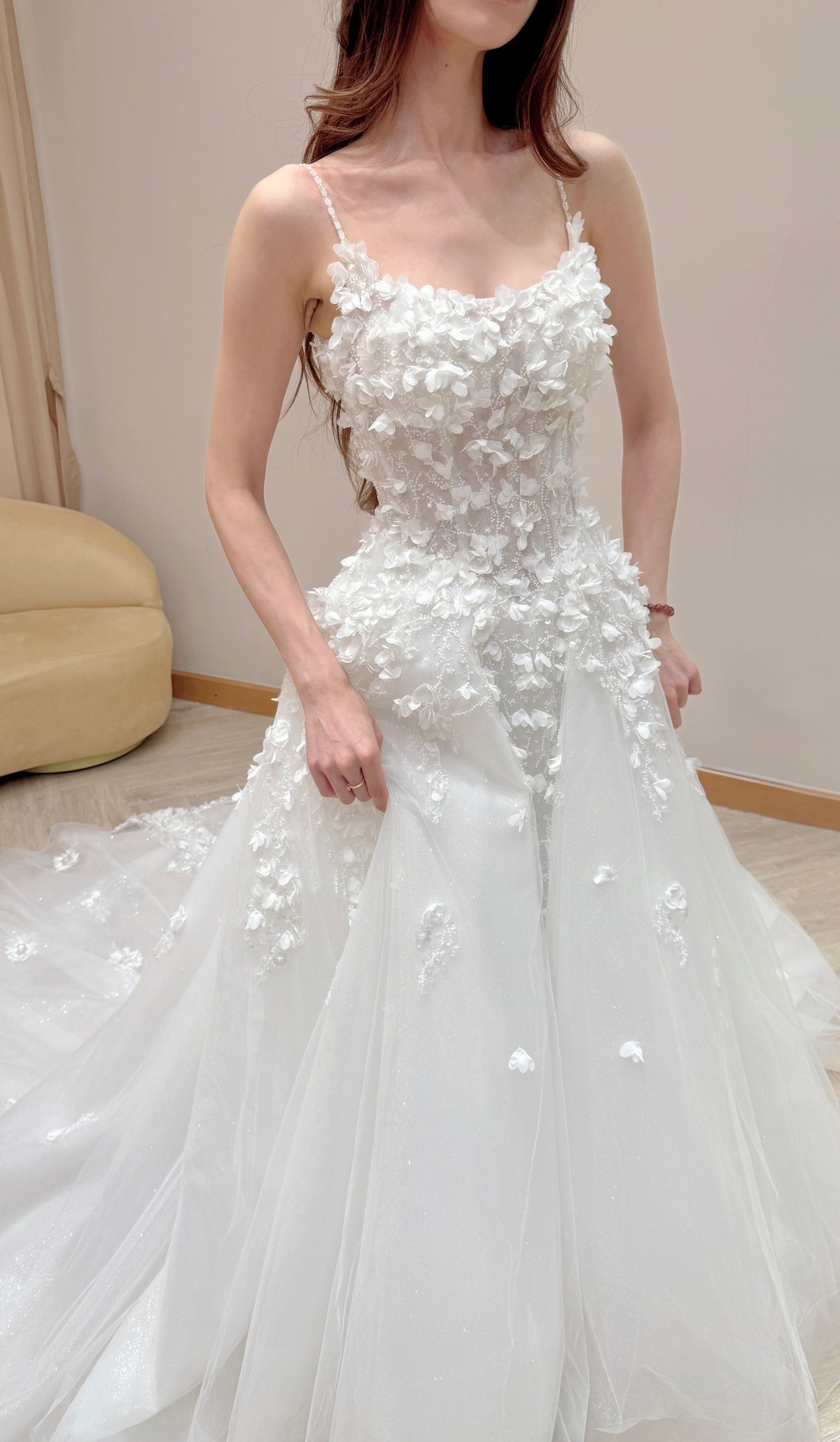 Spaghetti Strap 3D Floral Appliqué Ball Gown Wedding Dress