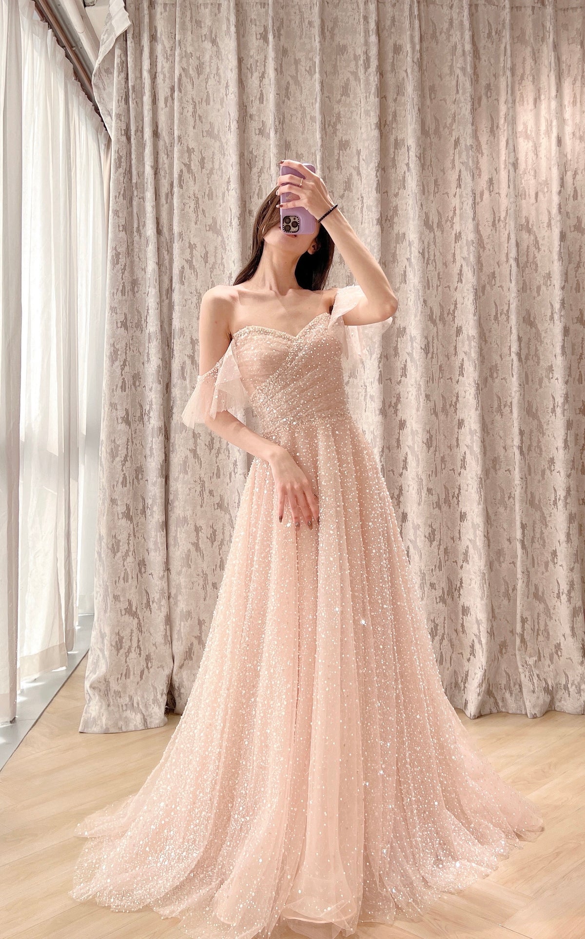 Off-the-Shoulder Glitter Tulle Evening Dress with Ruffled Sleeves
