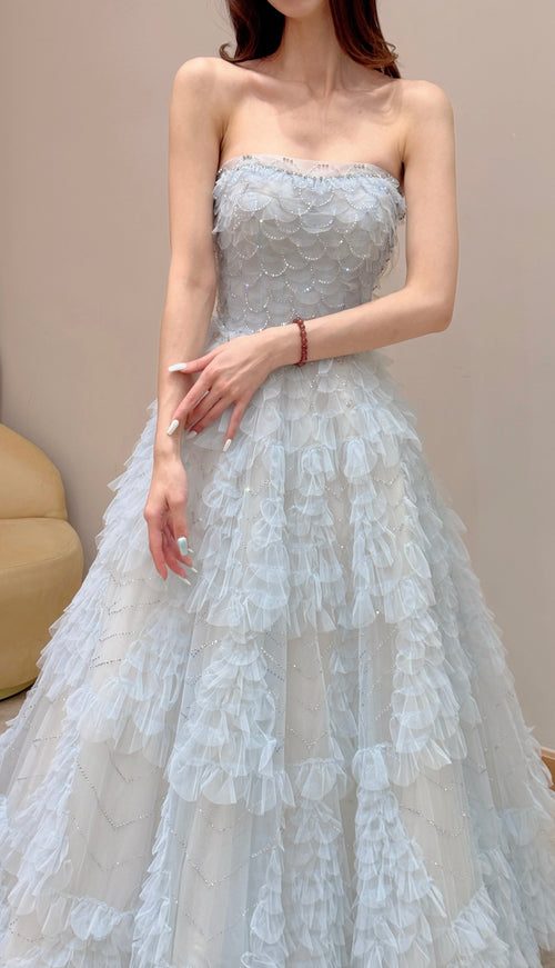 Convertible Ice Blue Tiered Ruffle Tulle Evening Dress with Sparkle Details