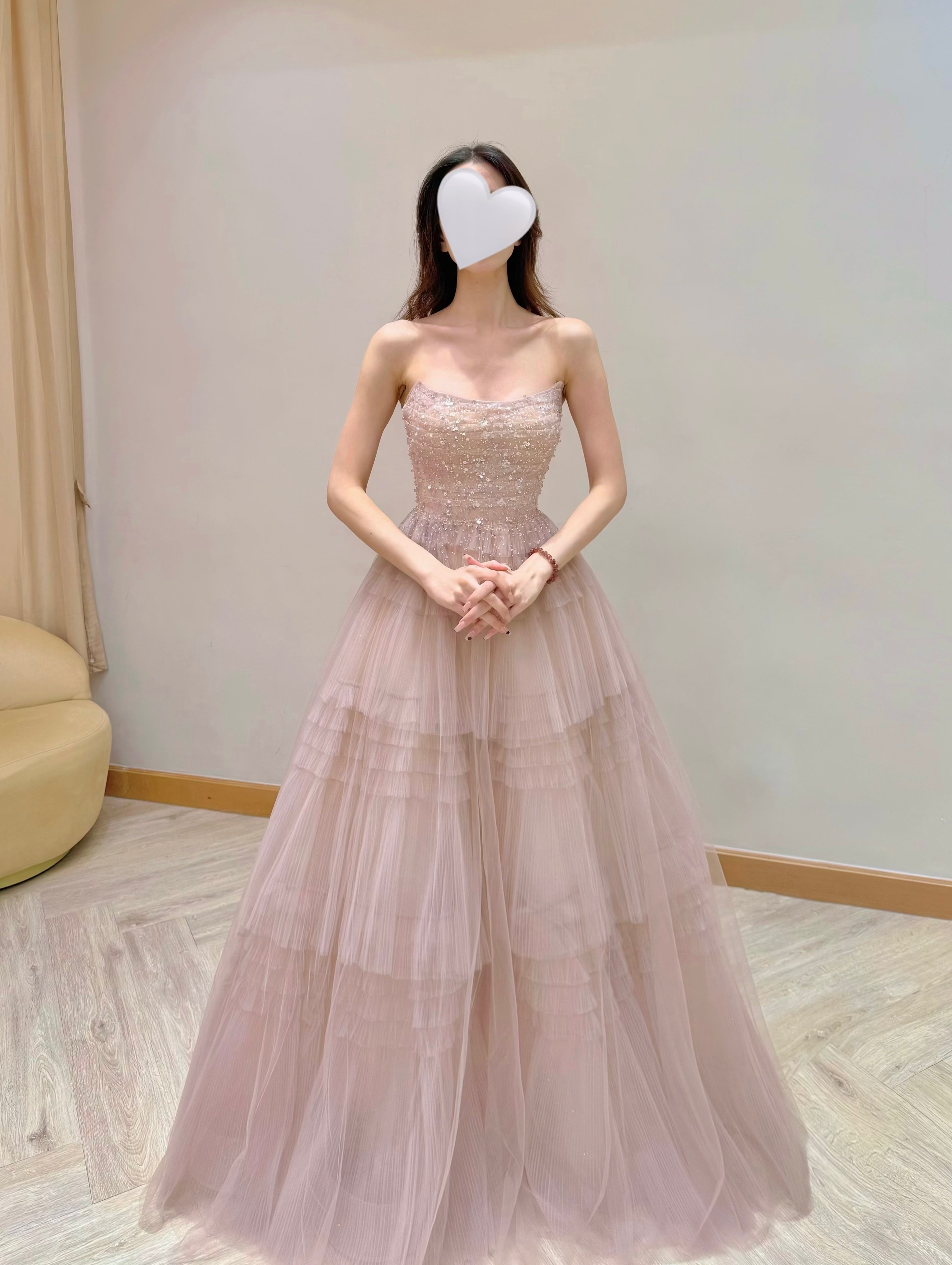 Convertible Dusty Rose Tiered Ruffle Tulle Evening Dress with Sparkle Details