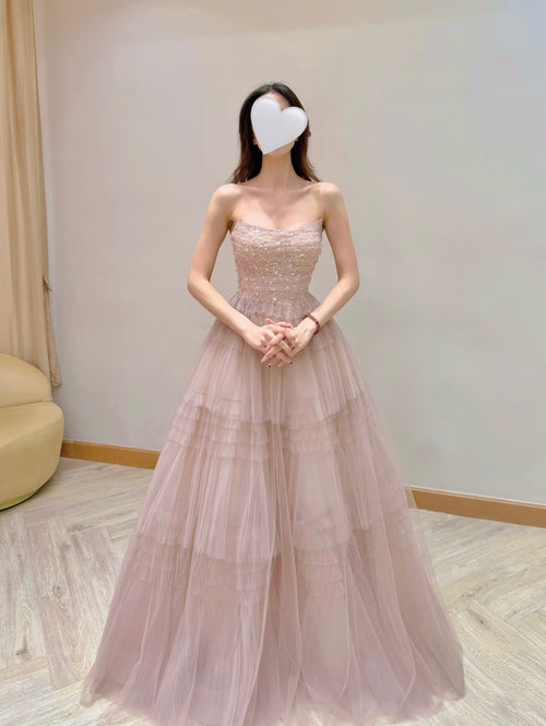 Convertible Dusty Rose Tiered Ruffle Tulle Evening Dress with Sparkle Details