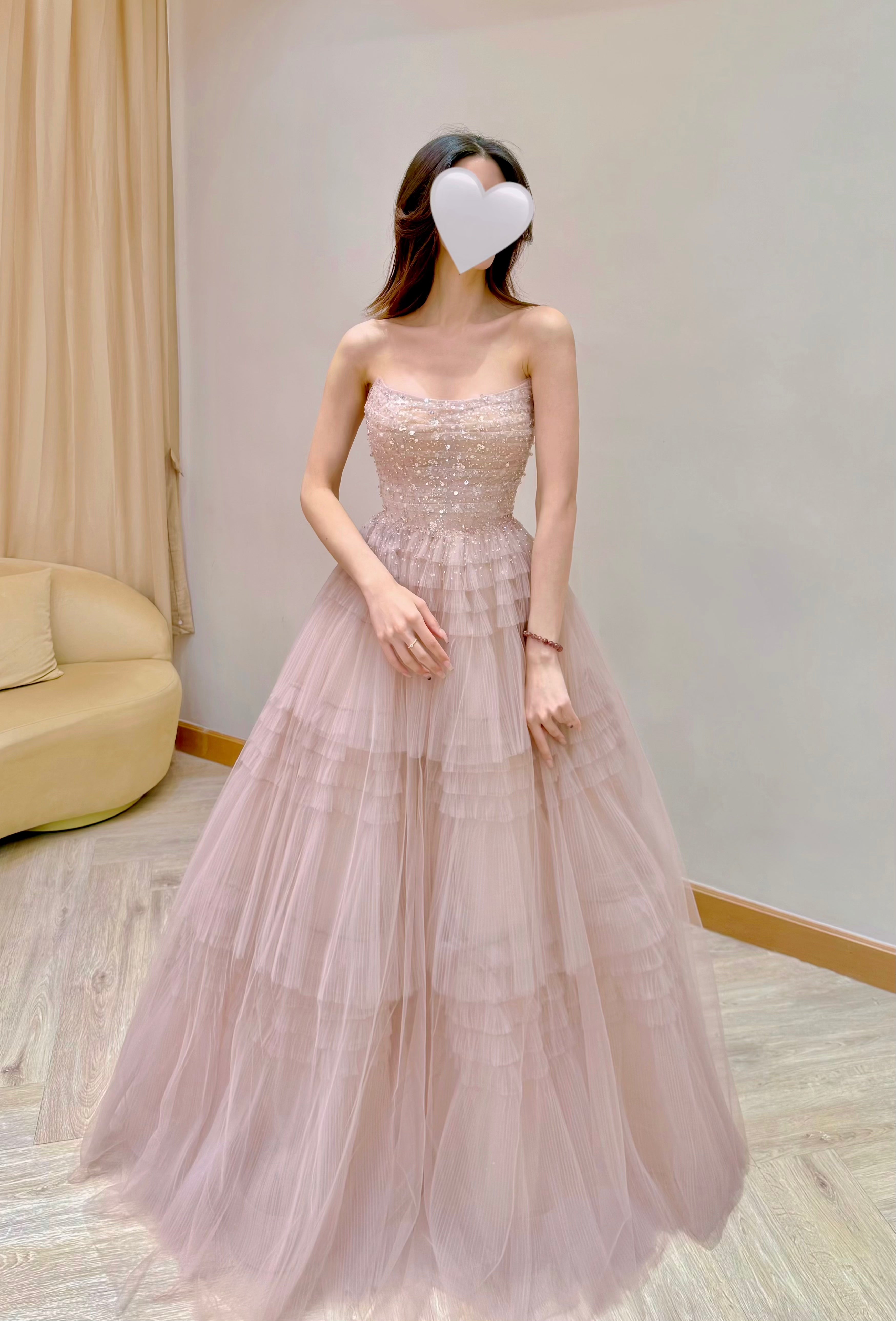 Convertible Dusty Rose Tiered Ruffle Tulle Evening Dress with Sparkle Details