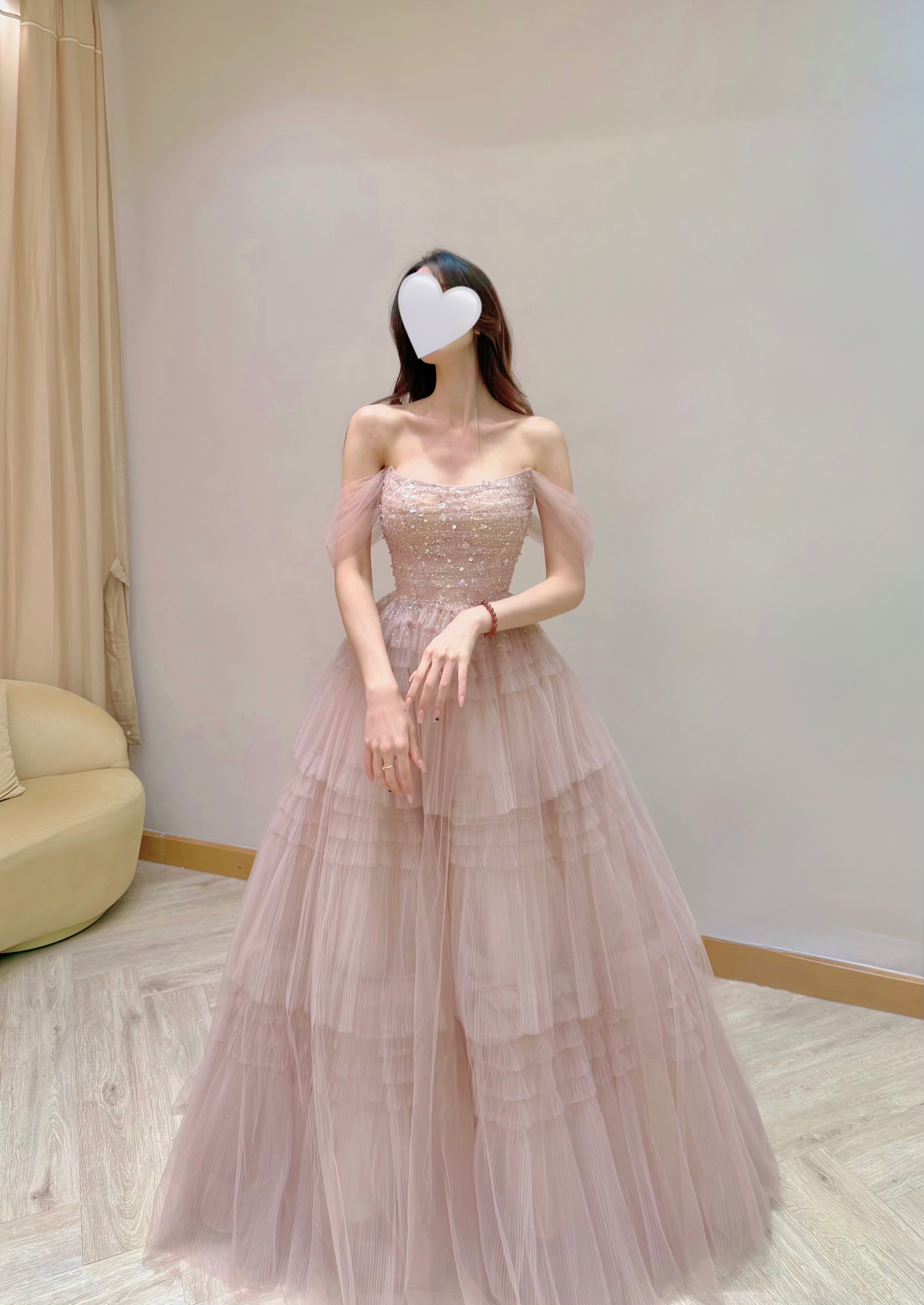 Convertible Dusty Rose Tiered Ruffle Tulle Evening Dress with Sparkle Details