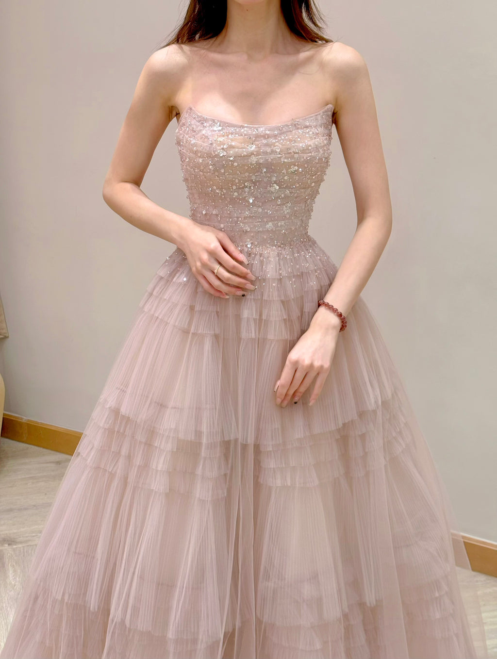 Convertible Dusty Rose Tiered Ruffle Tulle Evening Dress with Sparkle Details