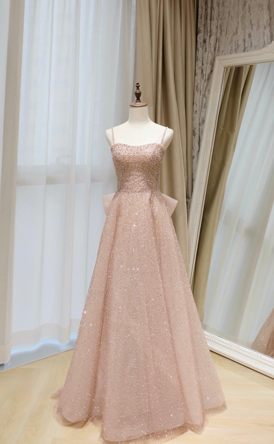 Sparkling Champagne Pink Spaghetti Strap Evening Dress with Big Back Bow
