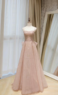 Sparkling Champagne Pink Spaghetti Strap Evening Dress with Big Back Bow