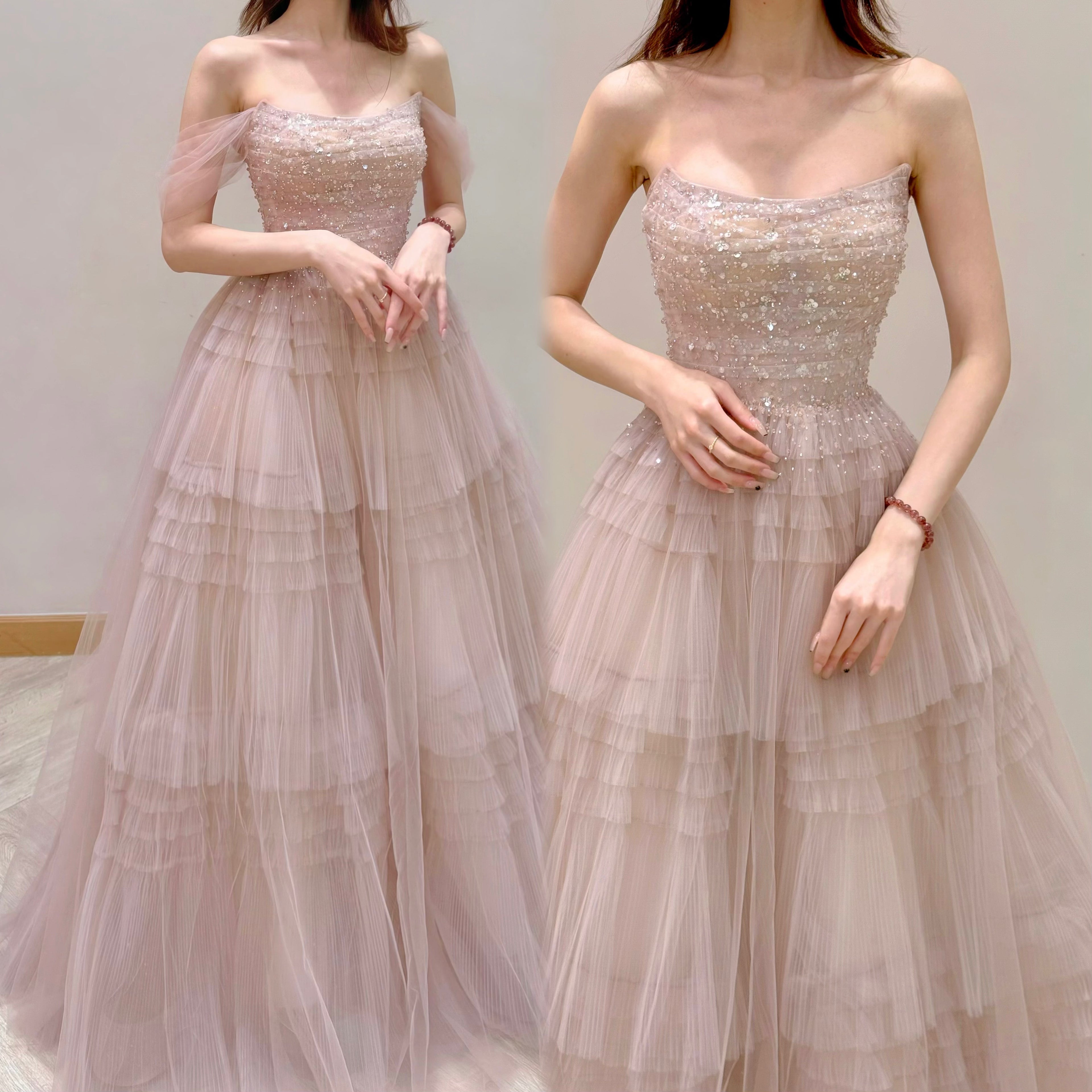 Convertible Dusty Rose Tiered Ruffle Tulle Evening Dress with Sparkle Details