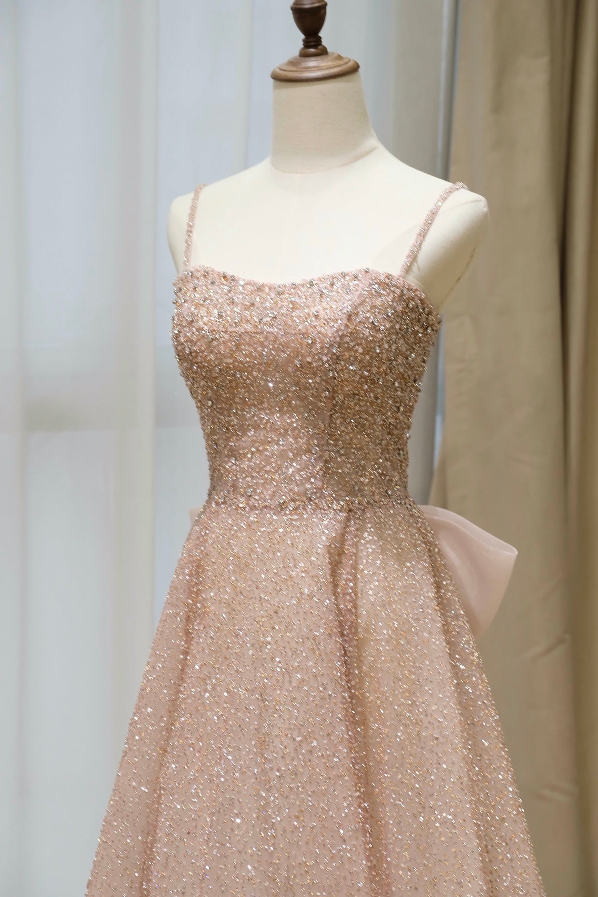 Sparkling Champagne Pink Spaghetti Strap Evening Dress with Big Back Bow