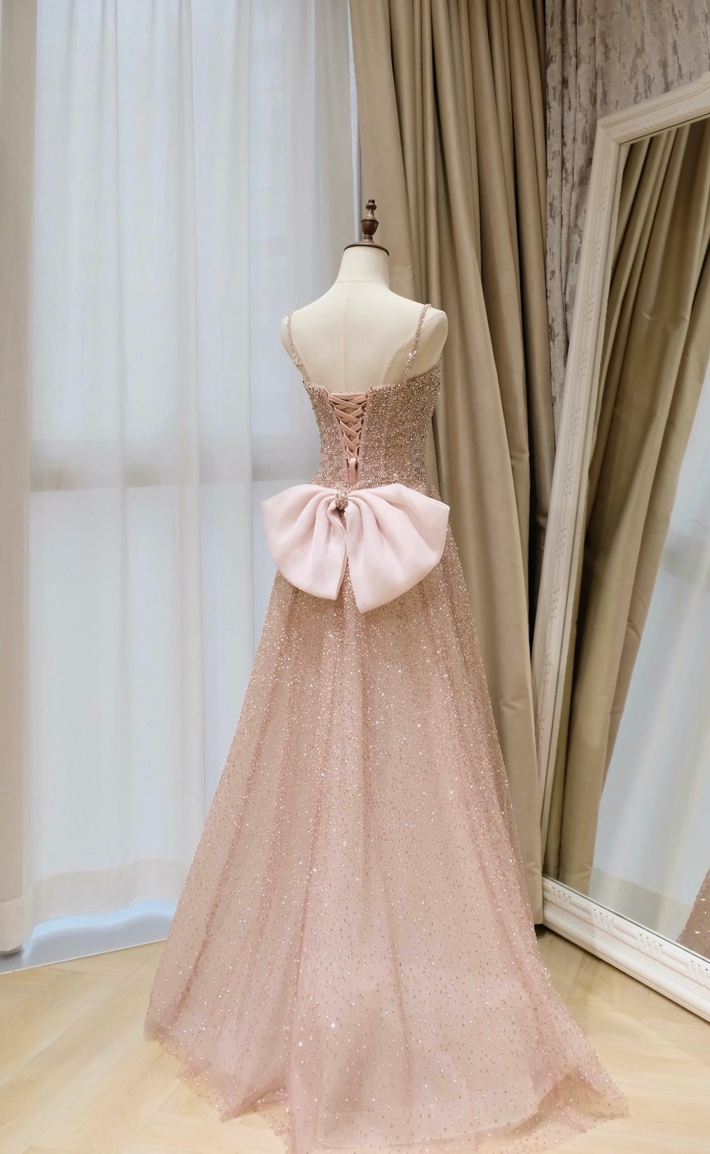 Sparkling Champagne Pink Spaghetti Strap Evening Dress with Big Back Bow
