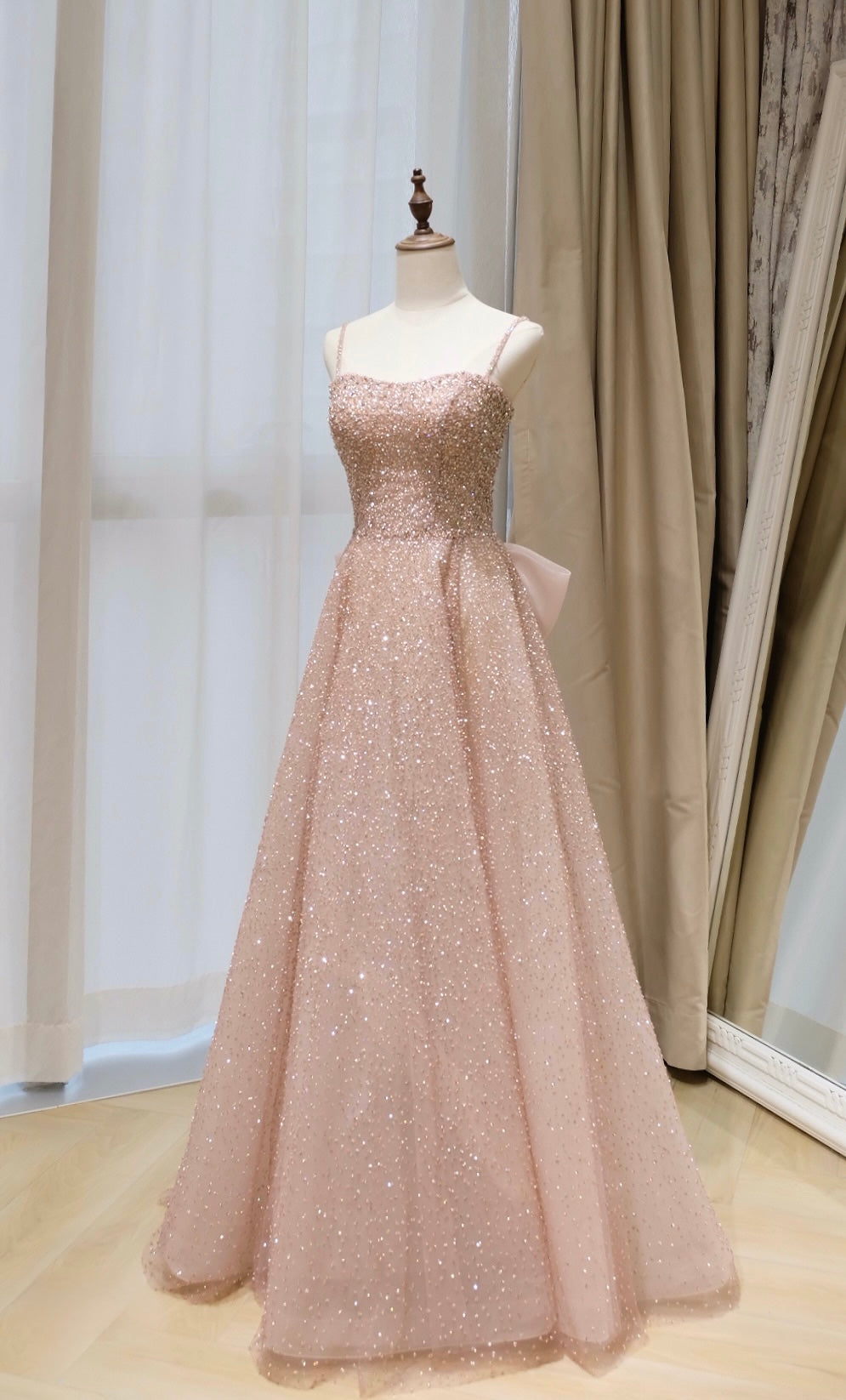 Sparkling Champagne Pink Spaghetti Strap Evening Dress with Big Back Bow