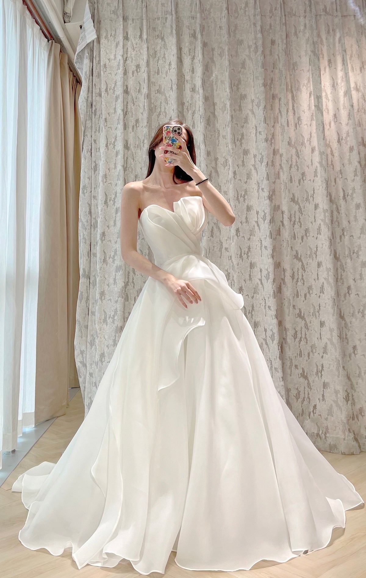 Strapless Architectural Pleated Organza A-Line Wedding Dress