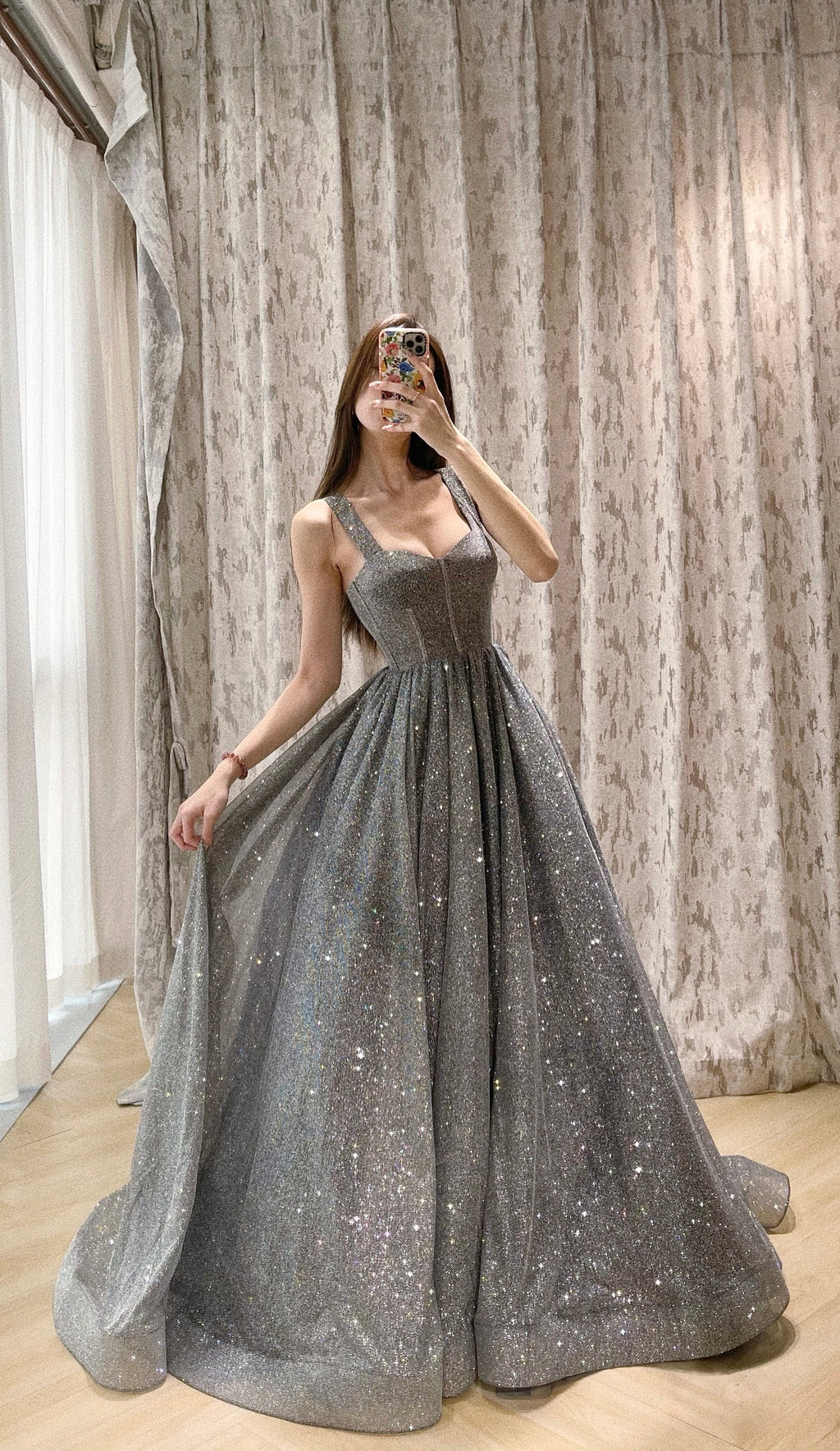 Dark Blue and Silver Iridescent Glitter A-Line Evening Dress with Wide Straps