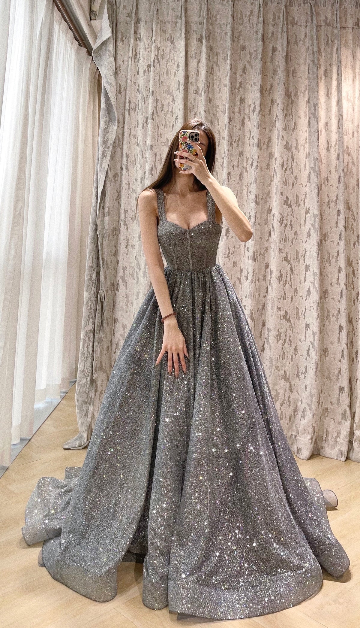 Dark Blue and Silver Iridescent Glitter A-Line Evening Dress with Wide Straps