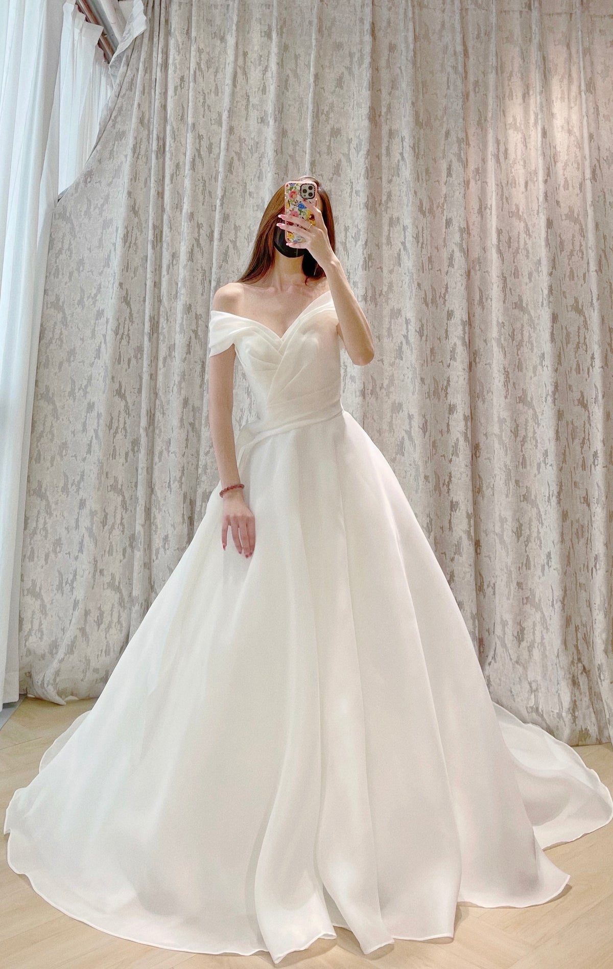 Off-the-Shoulder Organza A-Line Wedding Dress with Draped Sweetheart Bodice