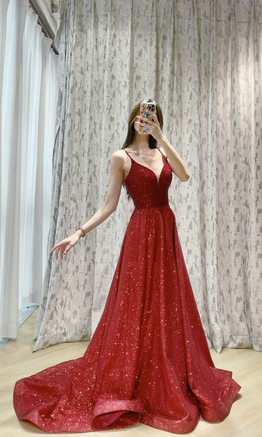 Sparkling Red Glitter A-Line Evening Dress with Spaghetti Straps