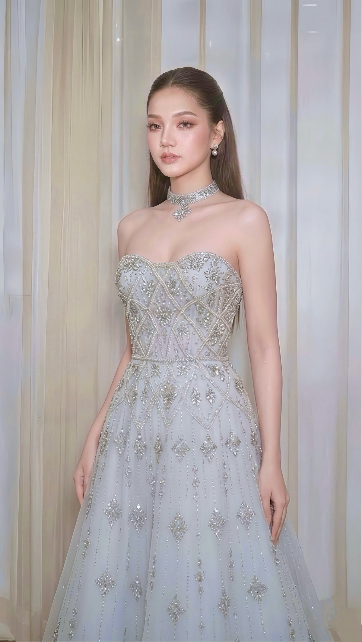 Light Blue Beaded Sweetheart A-Line Evening Dress with Silver Sequin Embellishments