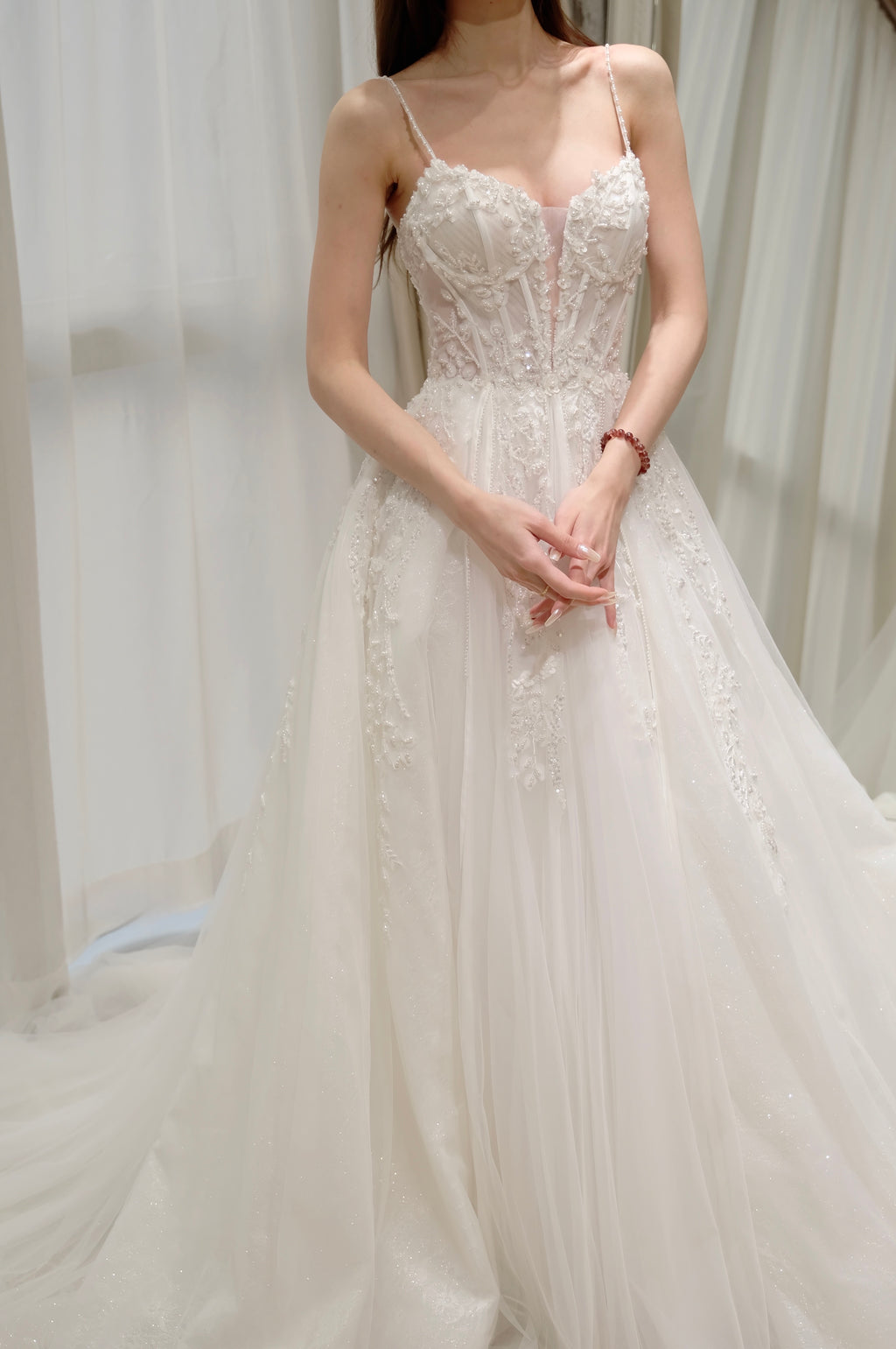 Sparkly Glitter Tulle A-Line Wedding Dress with Delicate Spaghetti Straps and Corset Bodice