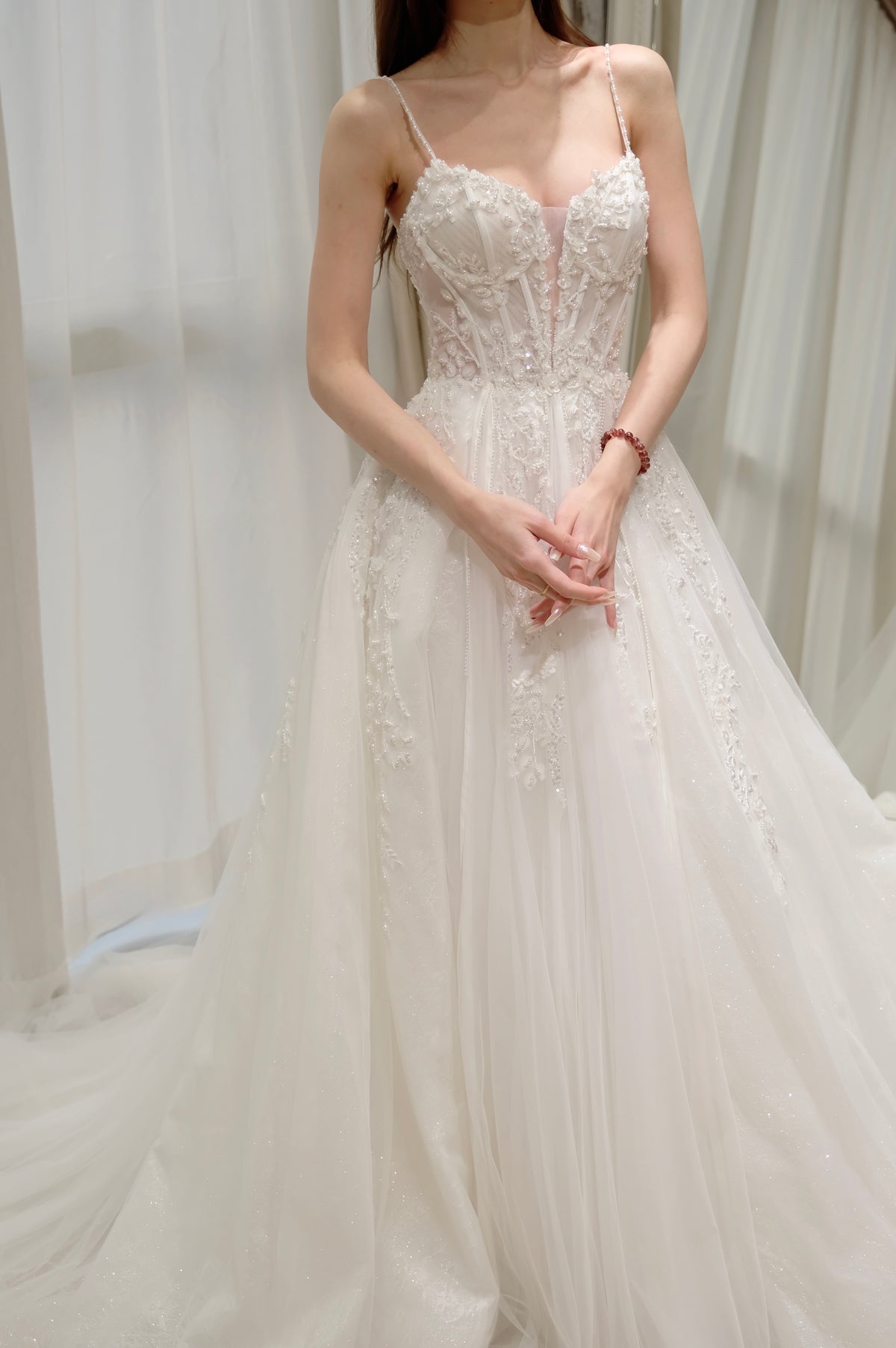 Sparkly Glitter Tulle A-Line Wedding Dress with Delicate Spaghetti Straps and Corset Bodice