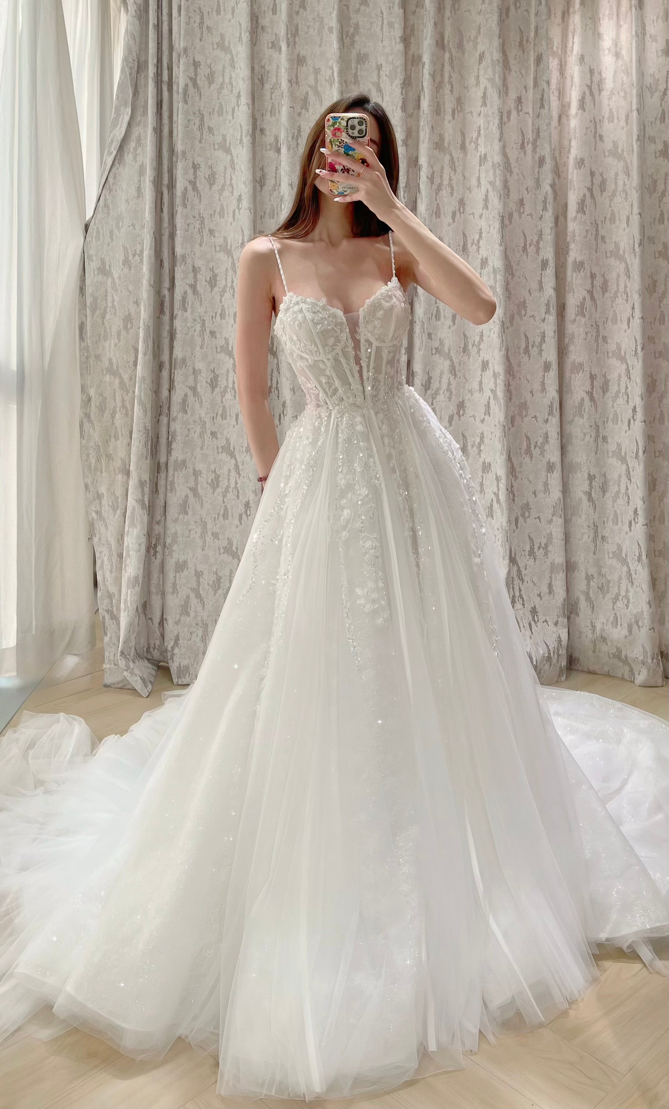 Sparkly Glitter Tulle A-Line Wedding Dress with Delicate Spaghetti Straps and Corset Bodice