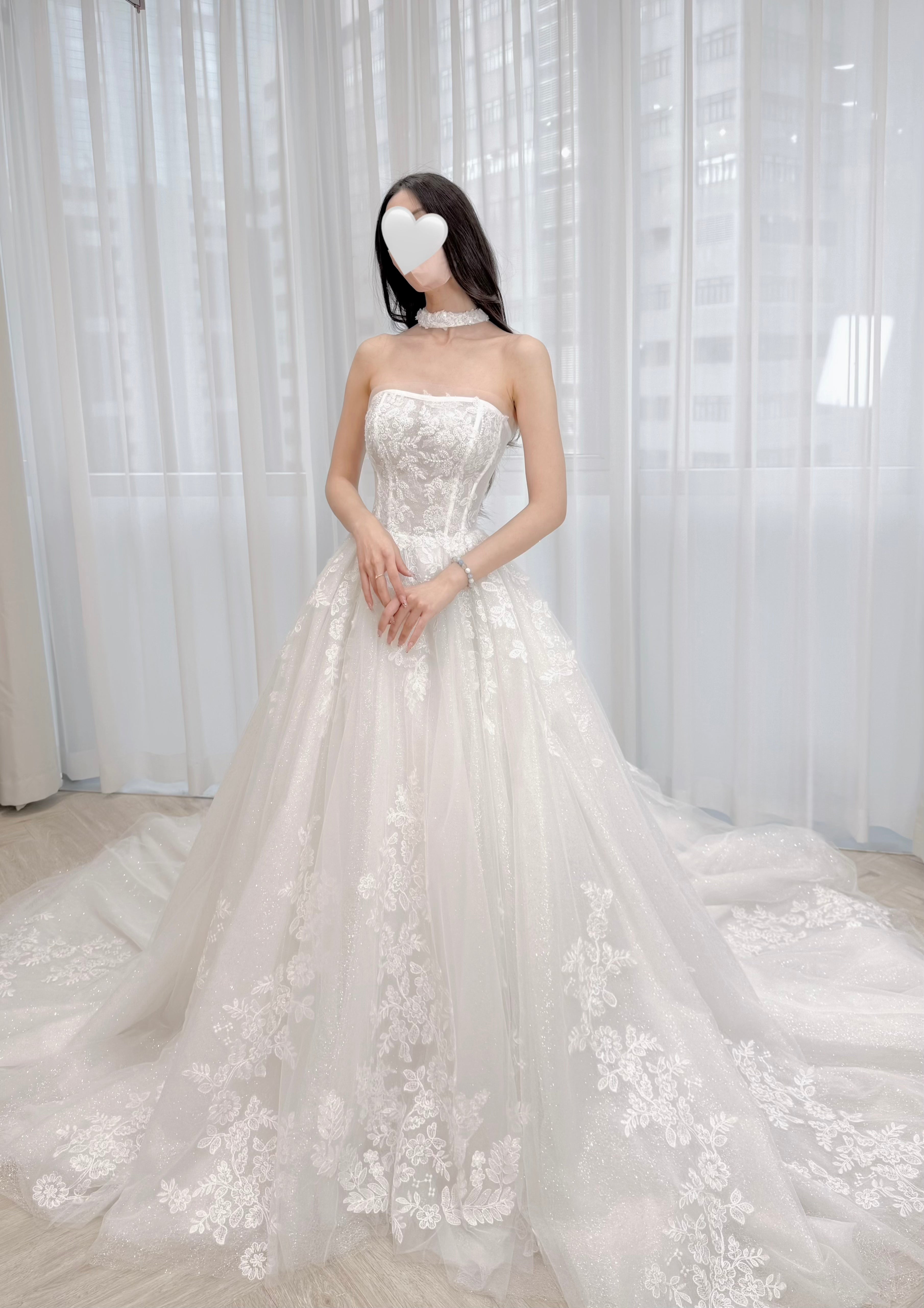 Strapless Corset A-Line Wedding Dress with Grand Lace Train and Choker