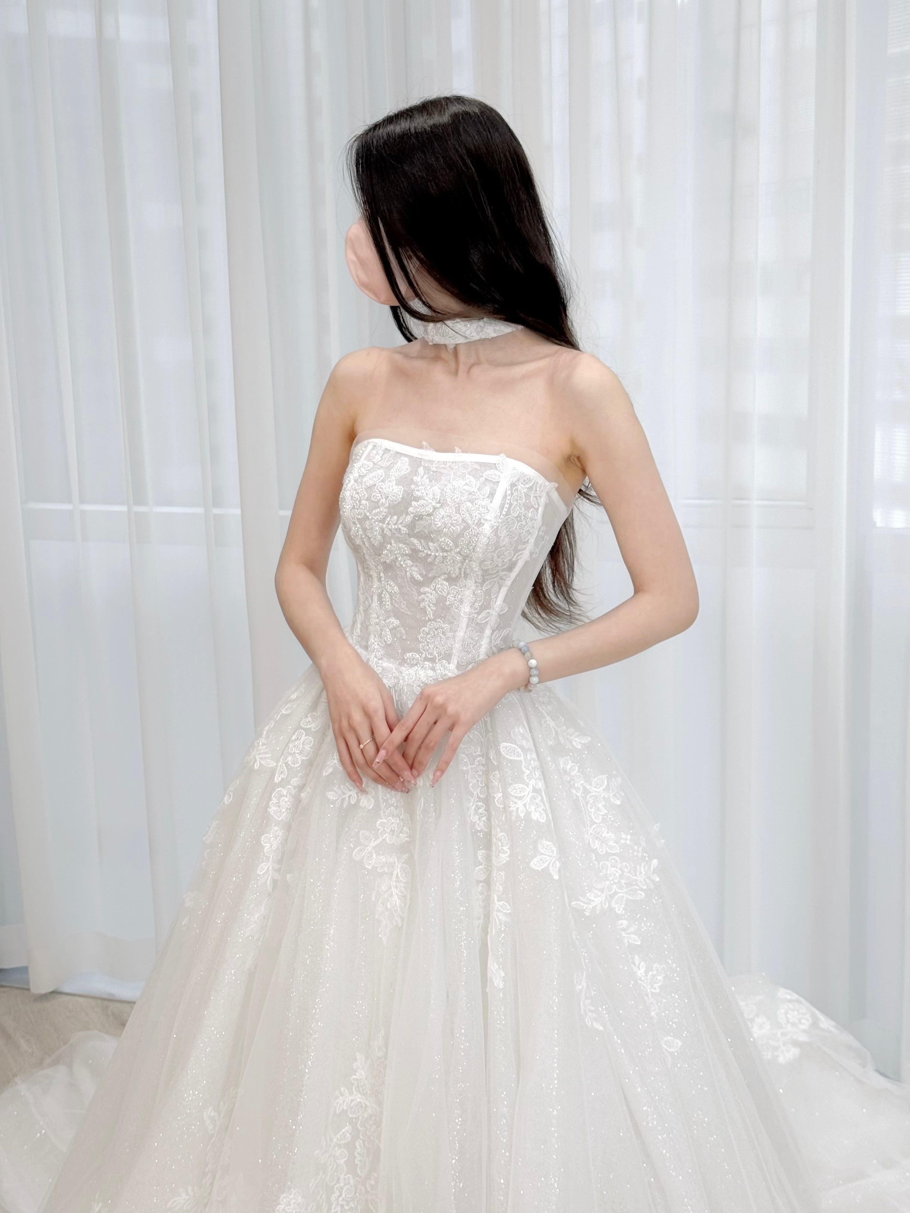 Strapless Corset A-Line Wedding Dress with Grand Lace Train and Choker
