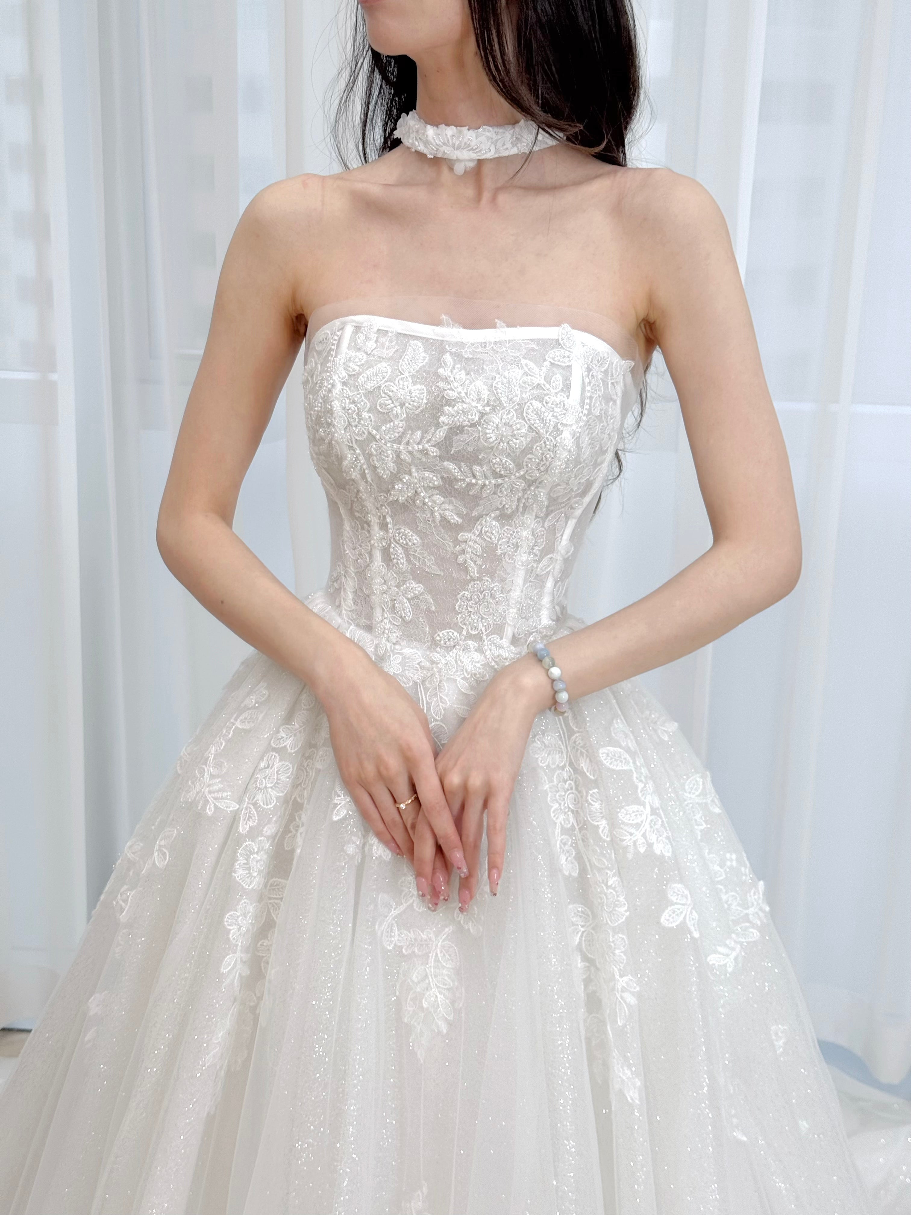 Strapless Corset A-Line Wedding Dress with Grand Lace Train and Choker