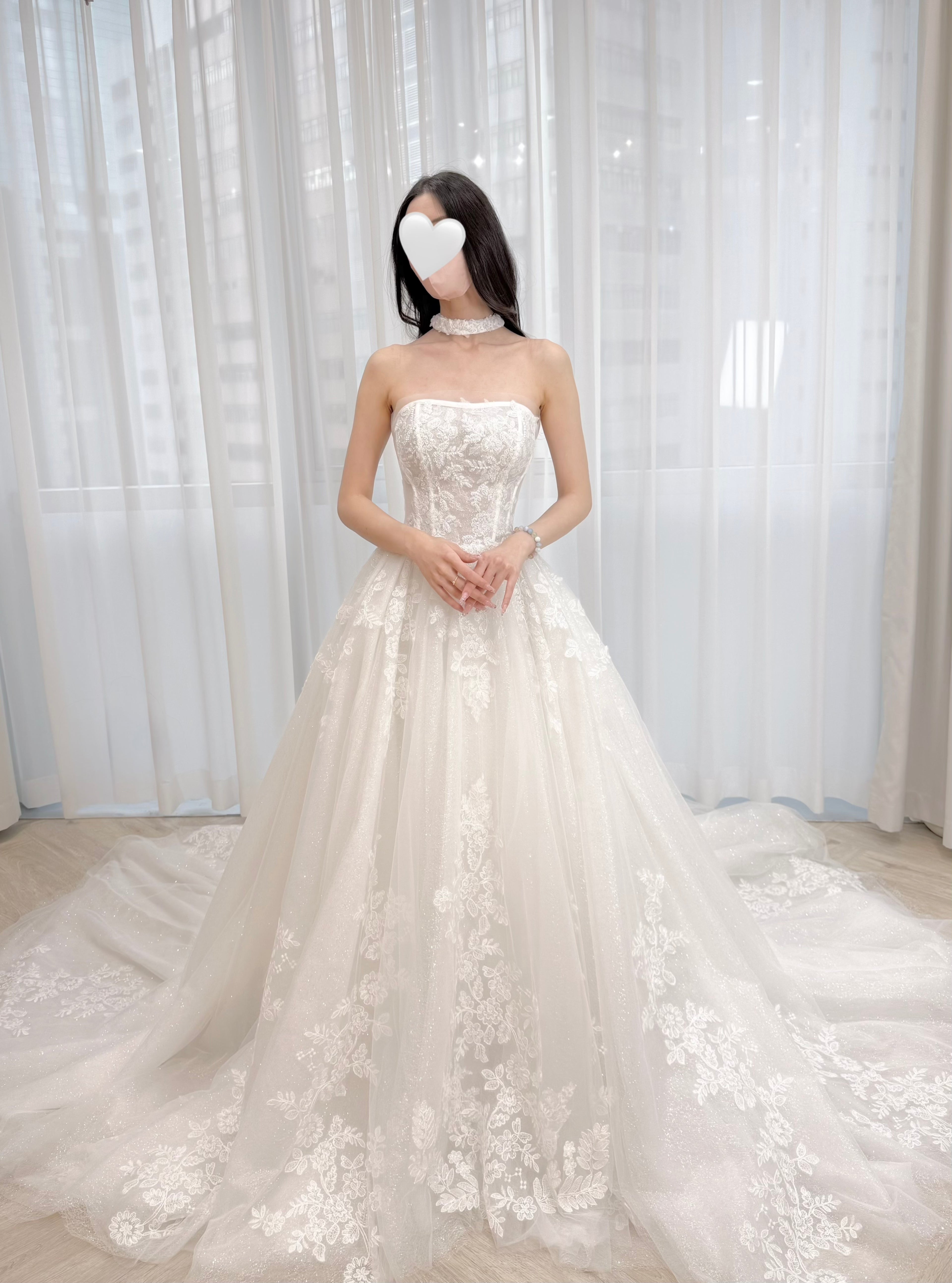 Strapless Corset A-Line Wedding Dress with Grand Lace Train and Choker
