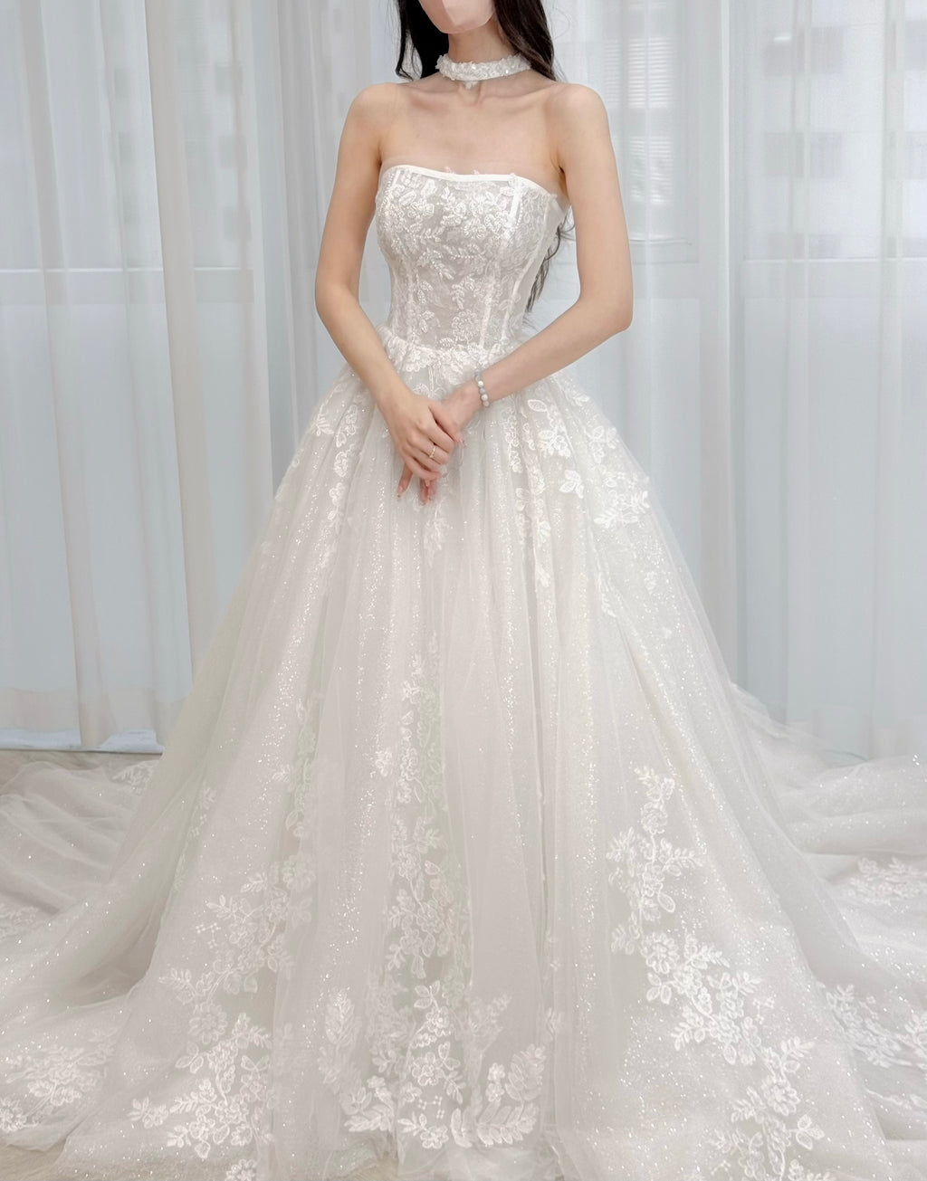 Strapless Corset A-Line Wedding Dress with Grand Lace Train and Choker