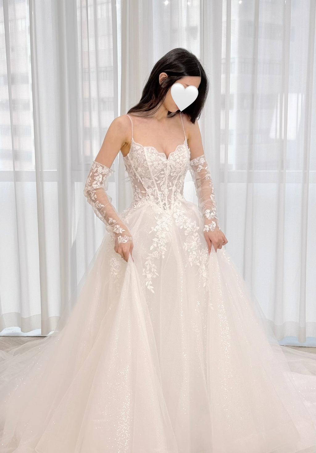 Spaghetti Strap Corset A-Line Wedding Dress with Detachable Lace Sleeves