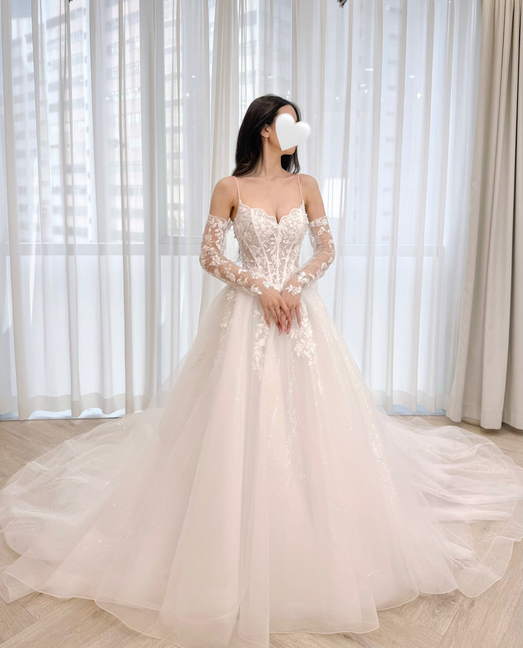 Spaghetti Strap Corset A-Line Wedding Dress with Detachable Lace Sleeves
